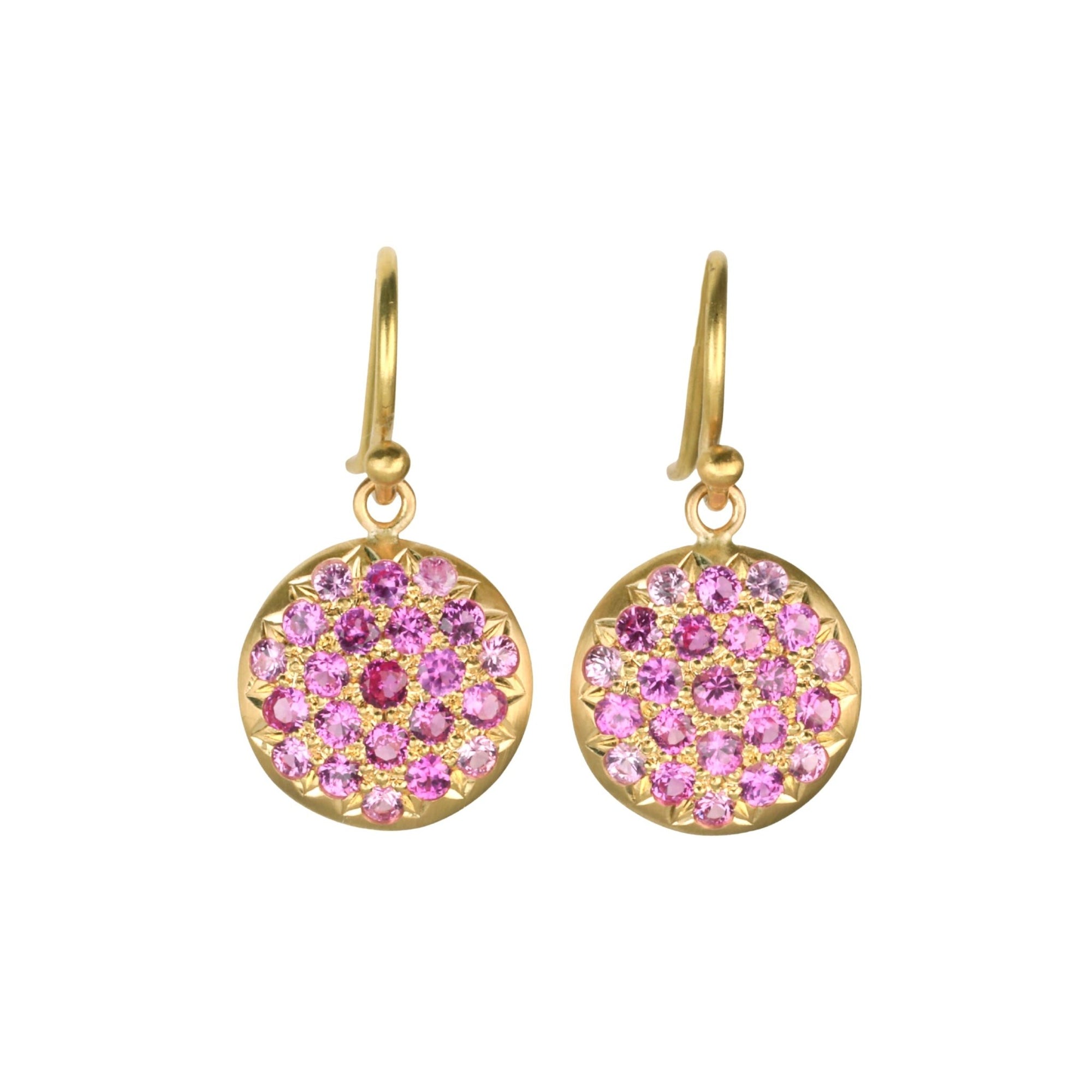 20K Round Medium "Lentil" Earrings with Pave Pink Sapphires - Peridot Fine Jewelry - Caroline Ellen