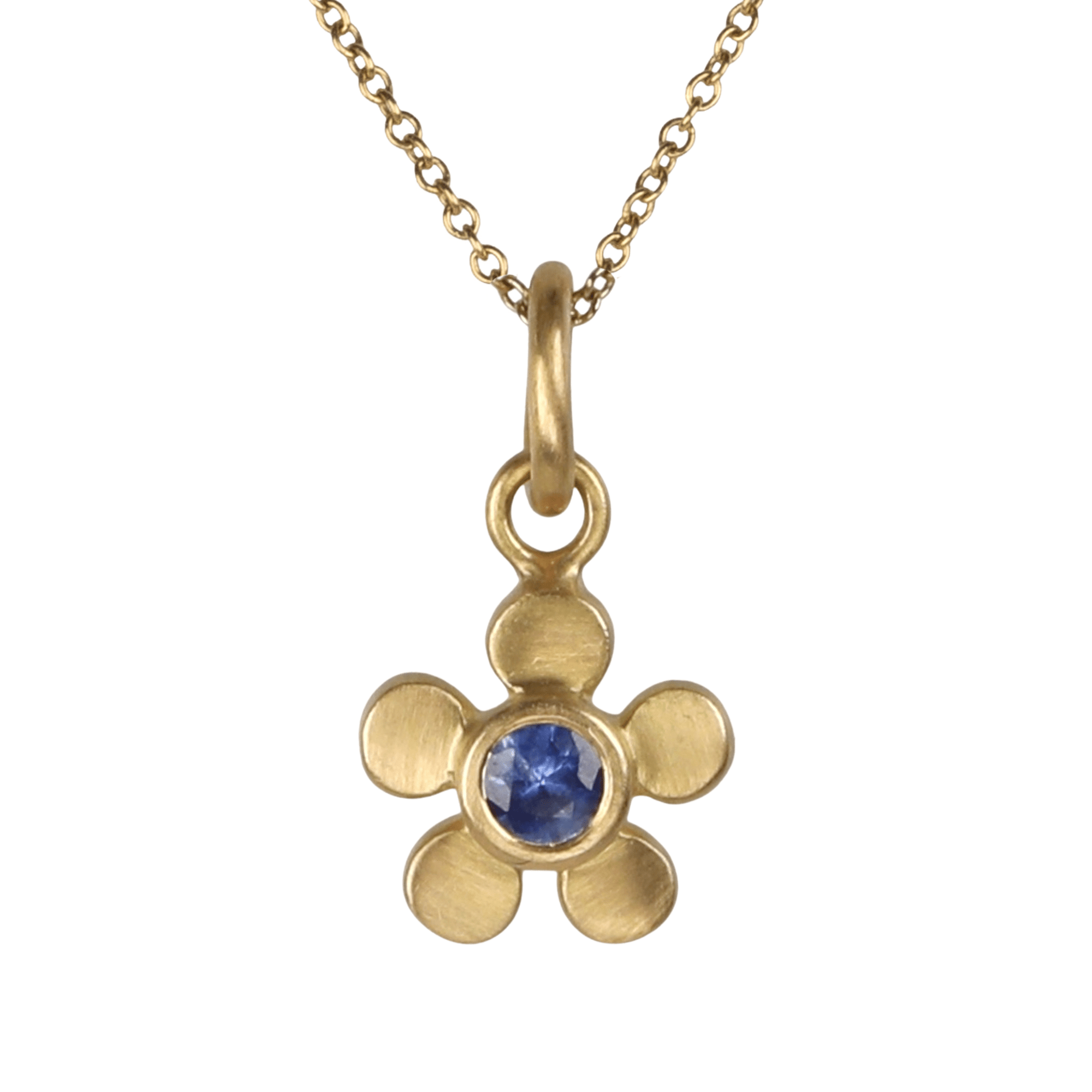 20K Rounded Five - Petal Flower Pendant with Blue Sapphire Center - Peridot Fine Jewelry - Caroline Ellen