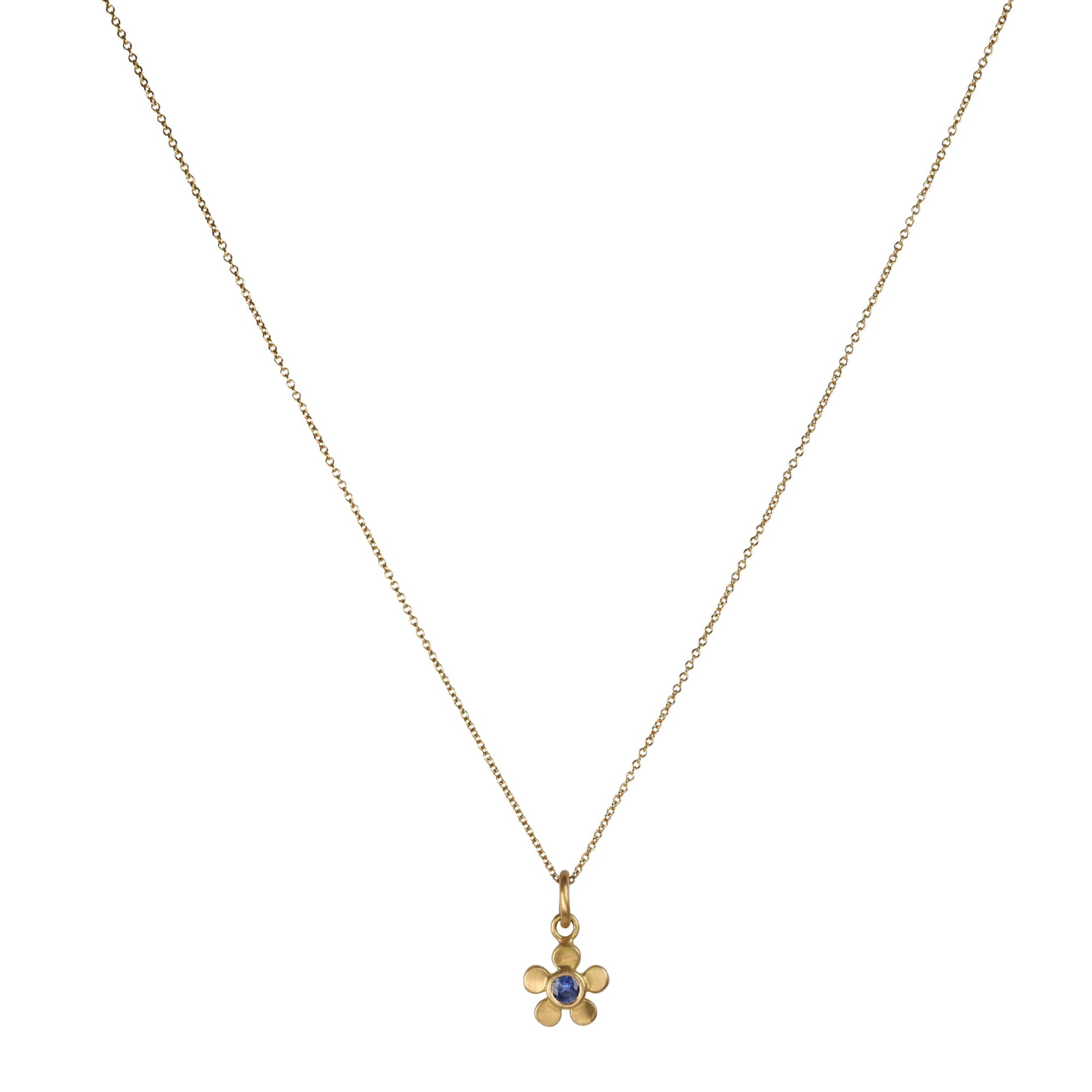 20K Rounded Five - Petal Flower Pendant with Blue Sapphire Center - Peridot Fine Jewelry - Caroline Ellen