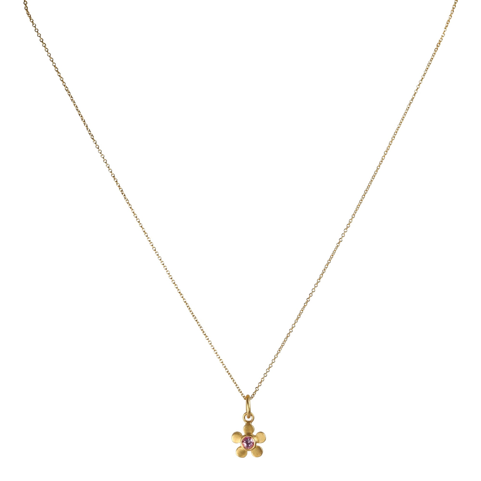 20K Rounded Five - Petal Flower Pendant with Pink Sapphire - Peridot Fine Jewelry - Caroline Ellen