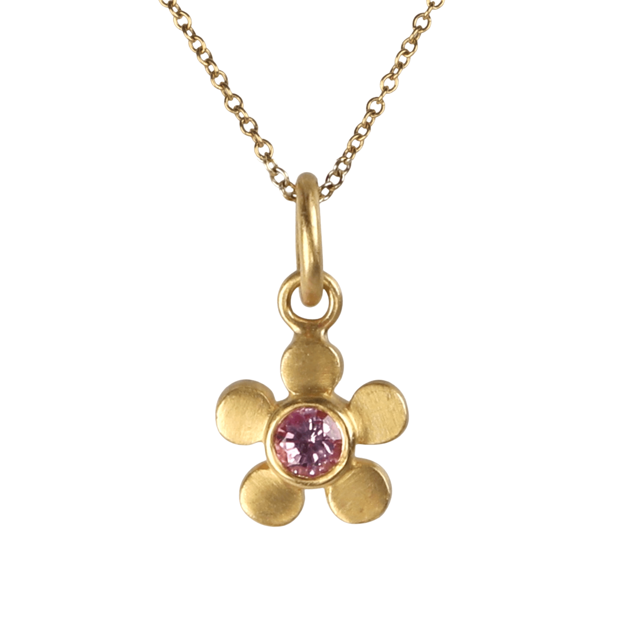 20K Rounded Five - Petal Flower Pendant with Pink Sapphire - Peridot Fine Jewelry - Caroline Ellen