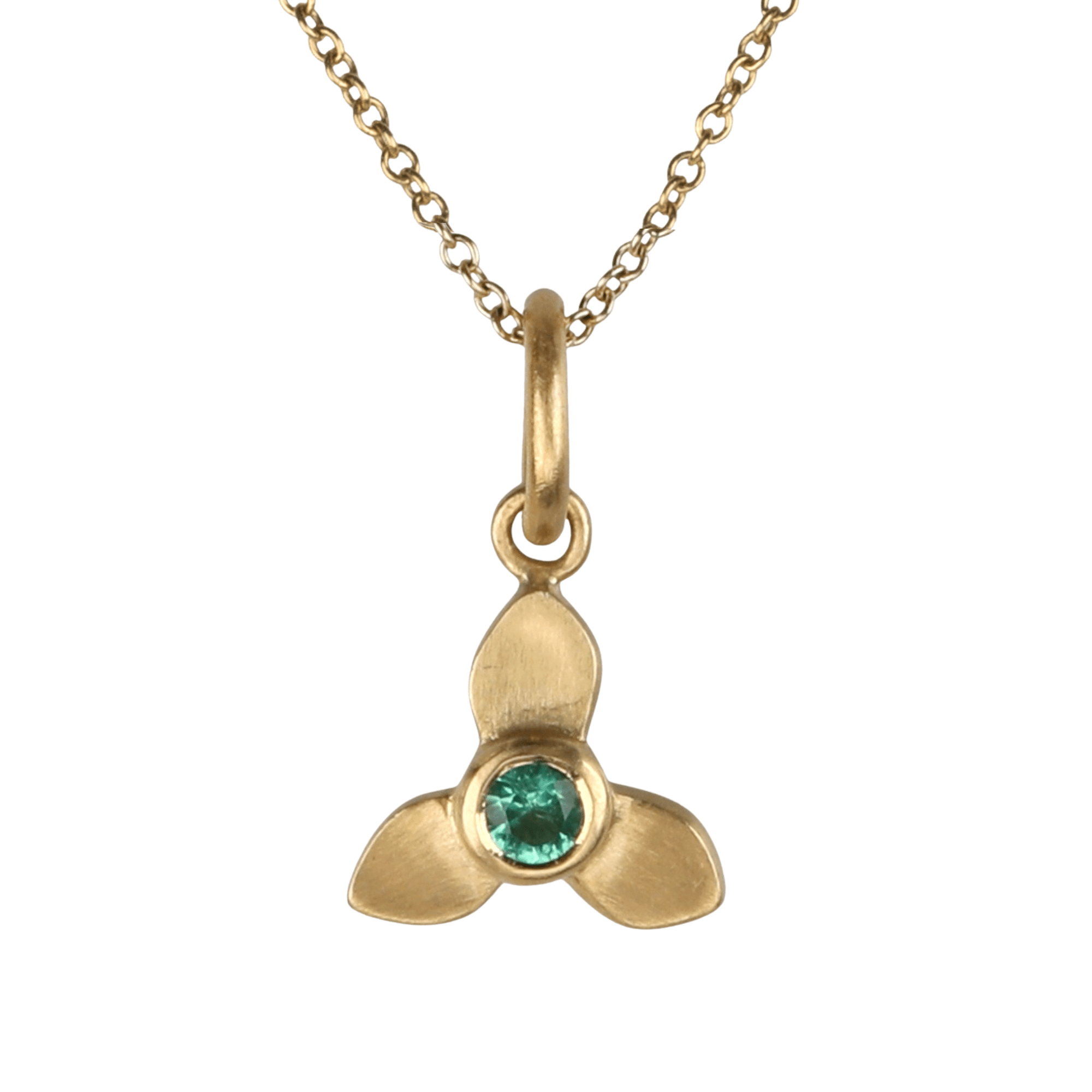 20K Three - Petal Flower Petal with Bezel Set Emerald - Peridot Fine Jewelry - Caroline Ellen