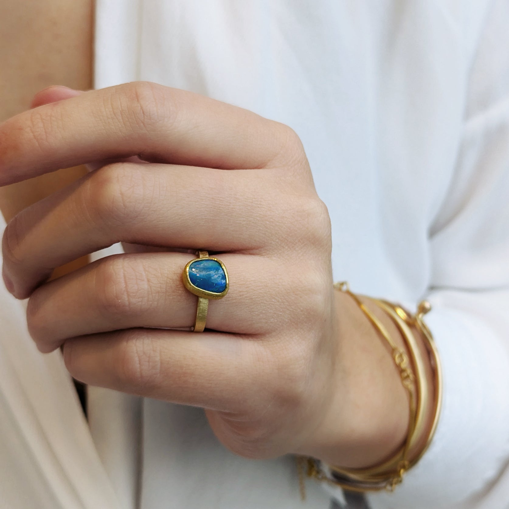 22 &amp; 18K Asymmetrical Australian Opal Ring - Peridot Fine Jewelry - Petra Class
