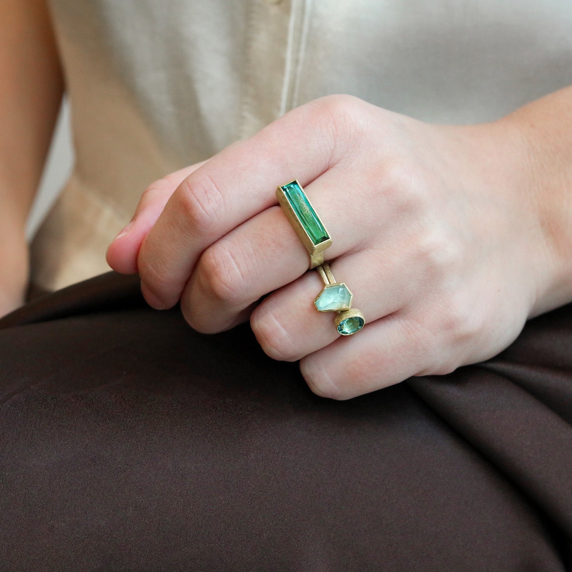 22 &amp; 18K Bezel - Set Blueish Green Tourmaline Ring - Peridot Fine Jewelry - Petra Class