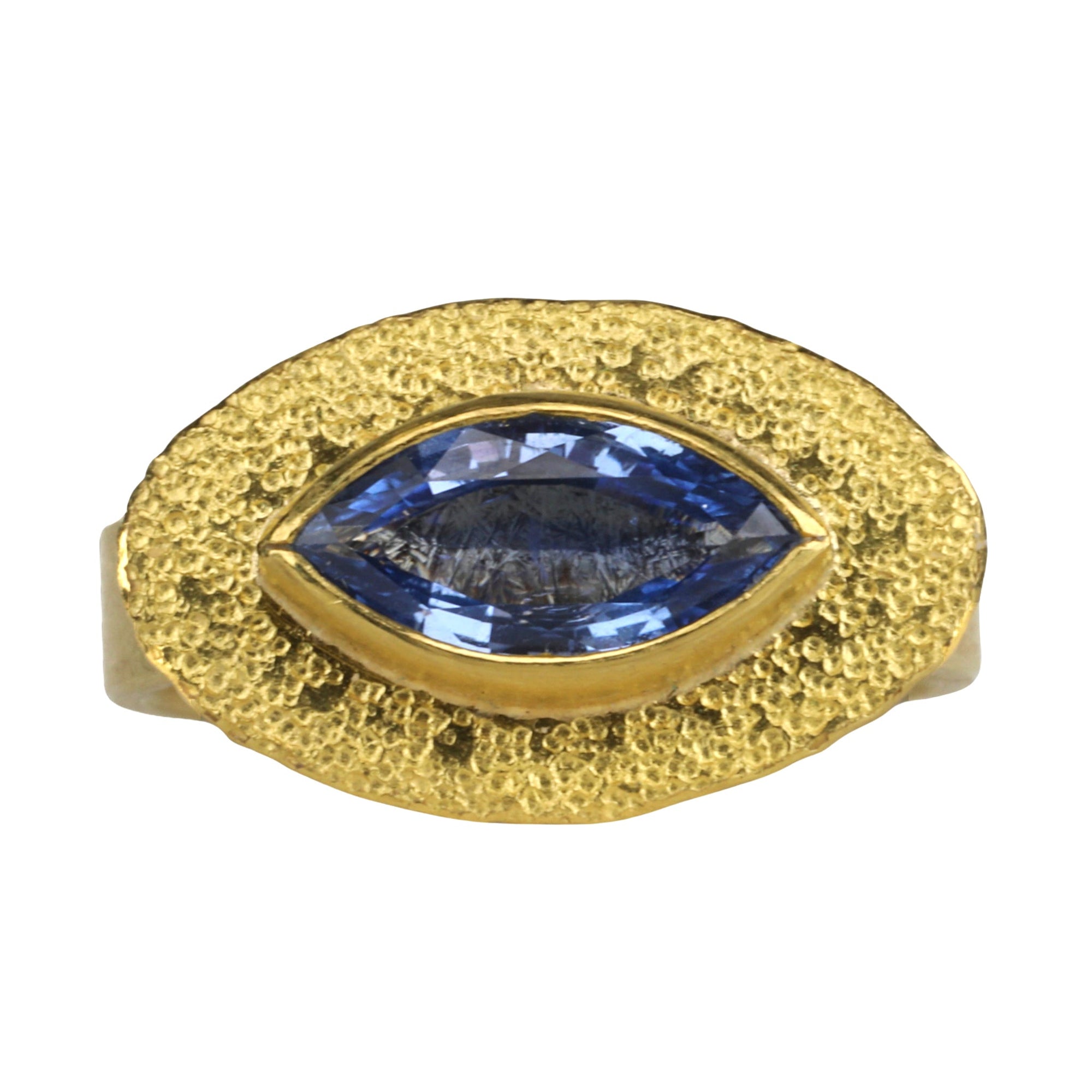 22 &amp; 18K Gold Bezel-Set East-West Marquise Blue Sapphire Ring - Peridot Fine Jewelry - Petra Class
