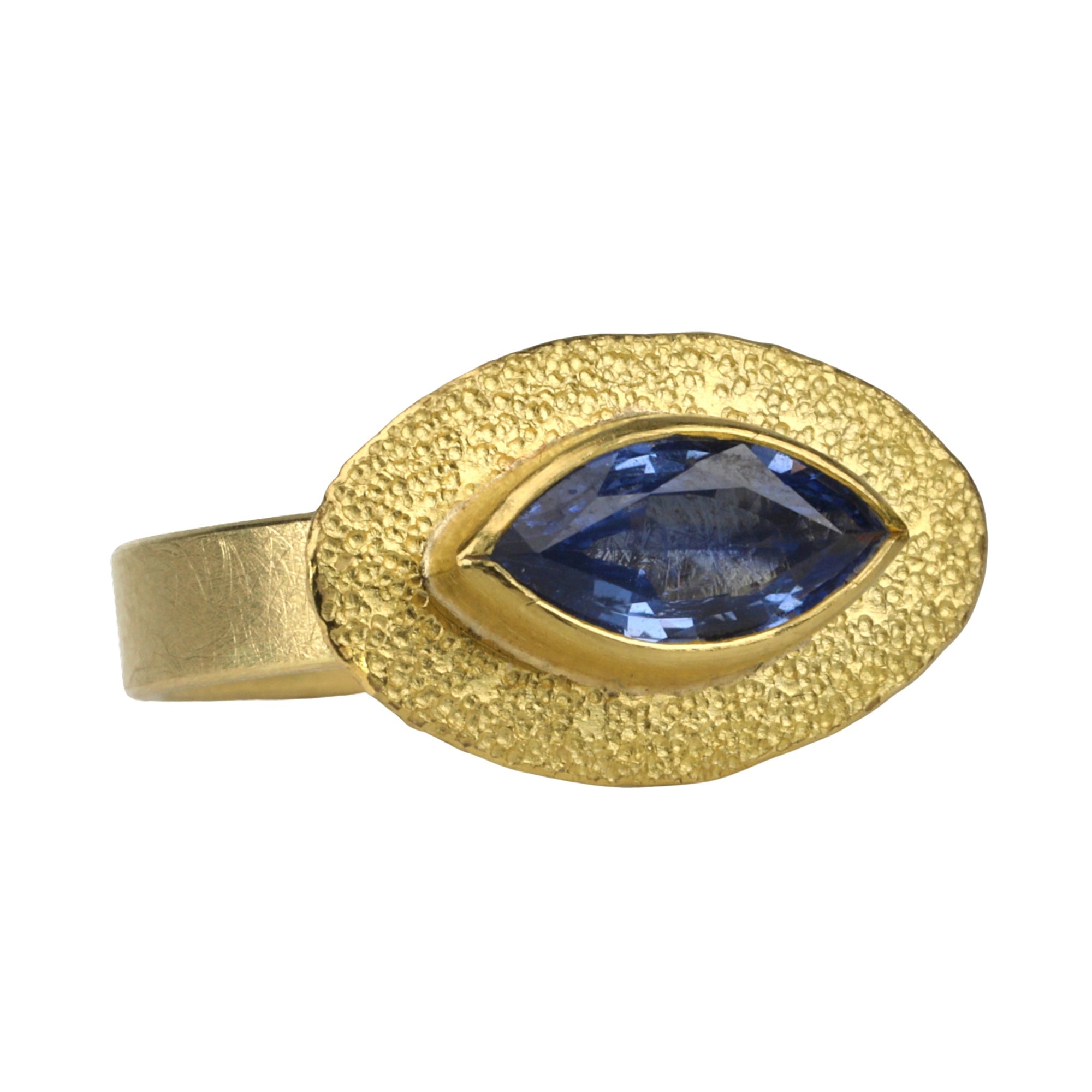 22 &amp; 18K Gold Bezel-Set East-West Marquise Blue Sapphire Ring - Peridot Fine Jewelry - Petra Class