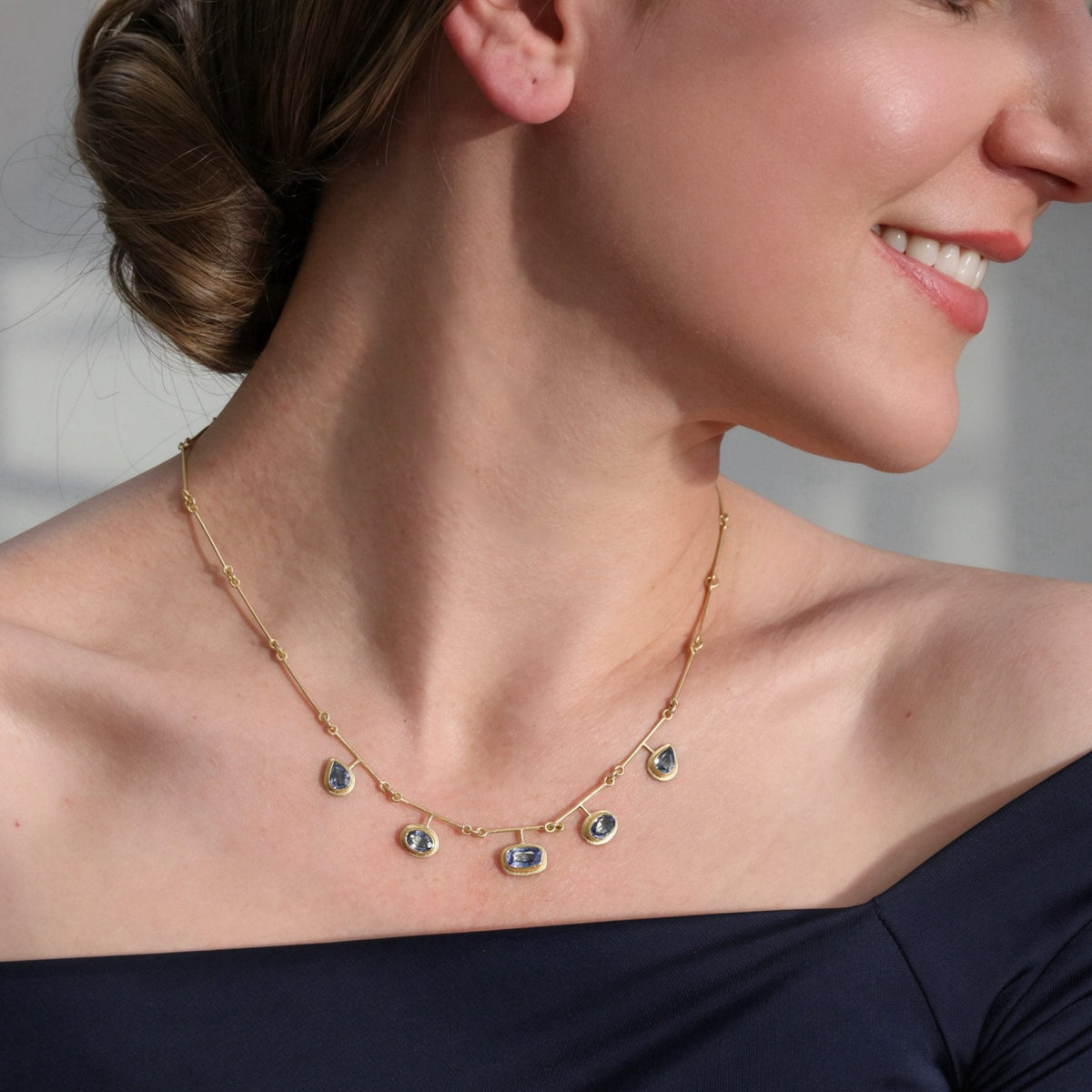 22K & 18K and Five Multi Shaped Blue Sapphire Segmented Bar Chain Necklace - Peridot Fine Jewelry - Petra Class