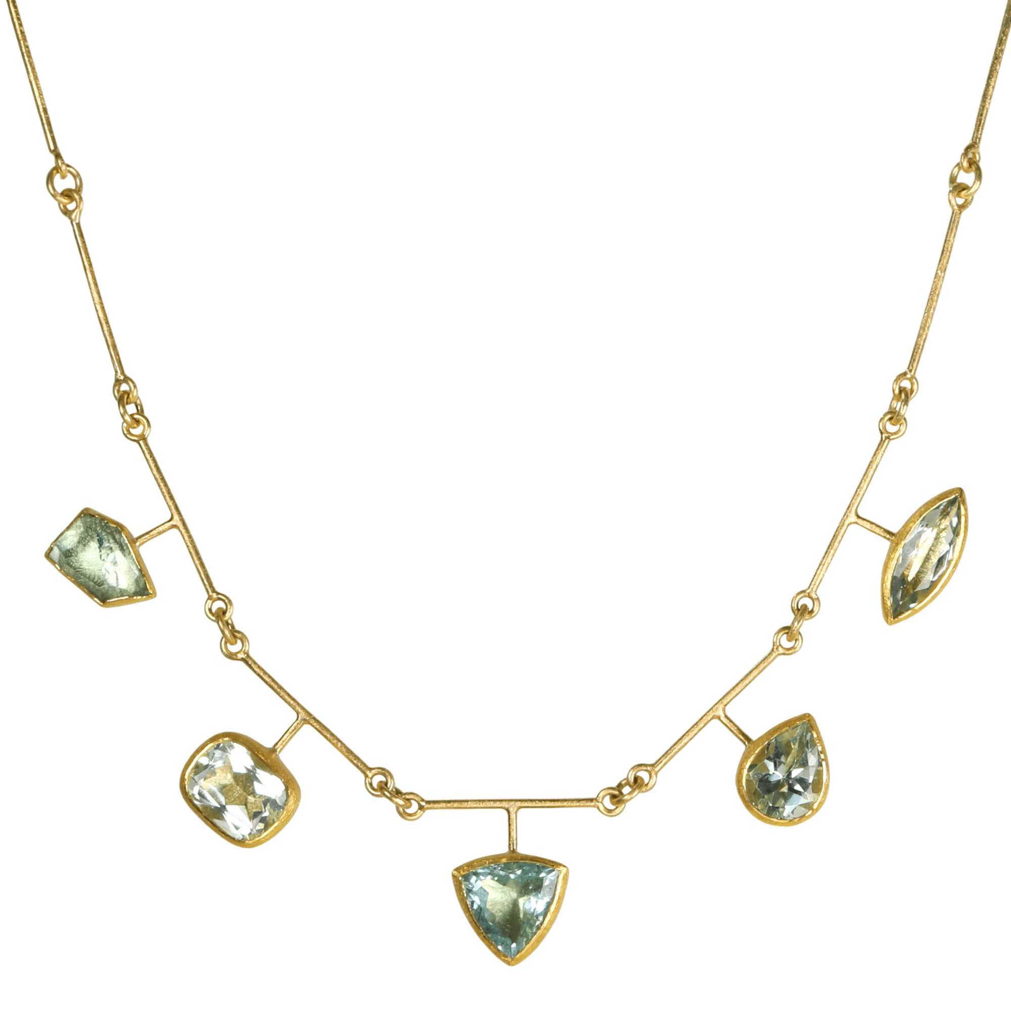 22K &amp; 18K Bar Chain Necklace with Five Mixed Shape Faceted Aquamarines - Peridot Fine Jewelry - Petra Class