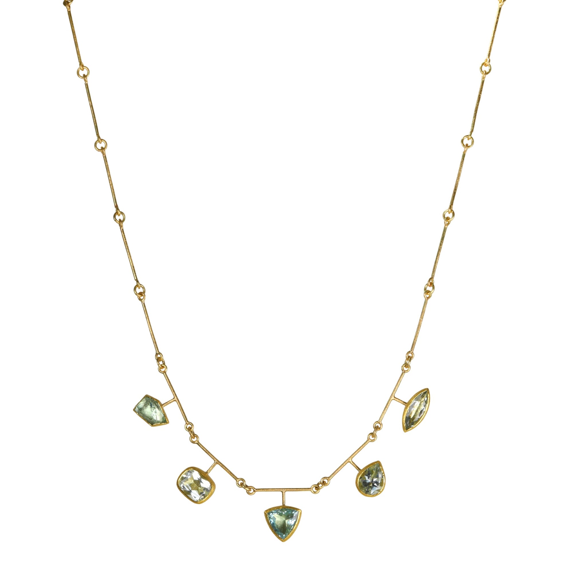 22K &amp; 18K Bar Chain Necklace with Five Mixed Shape Faceted Aquamarines - Peridot Fine Jewelry - Petra Class