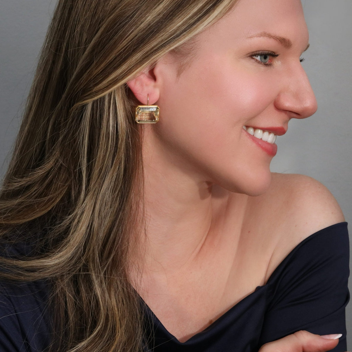 22K & 18K Bezel-Set Emerald-Cut Citrine Stationary Drop Earrings - Peridot Fine Jewelry - Rosanne Pugliese