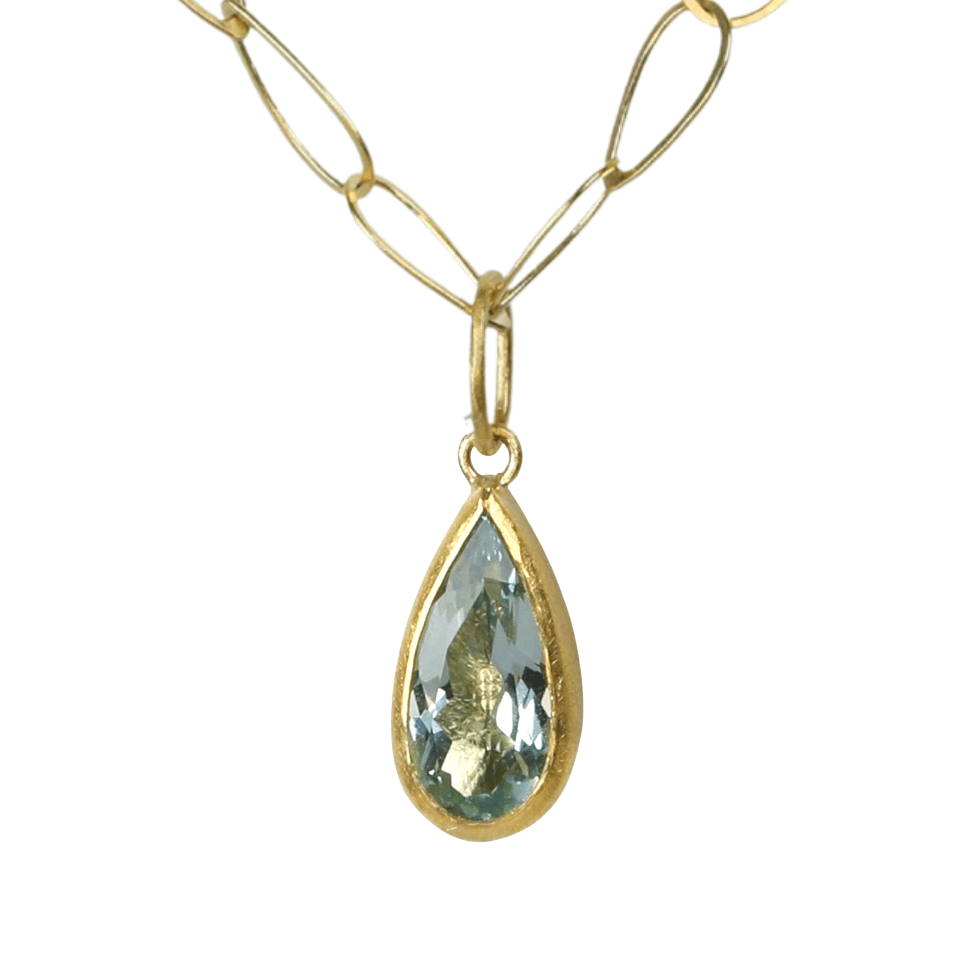 22K &amp; 18K Bezel-Set Faceted Teardrop Aquamarine Pendant - Peridot Fine Jewelry - Petra Class