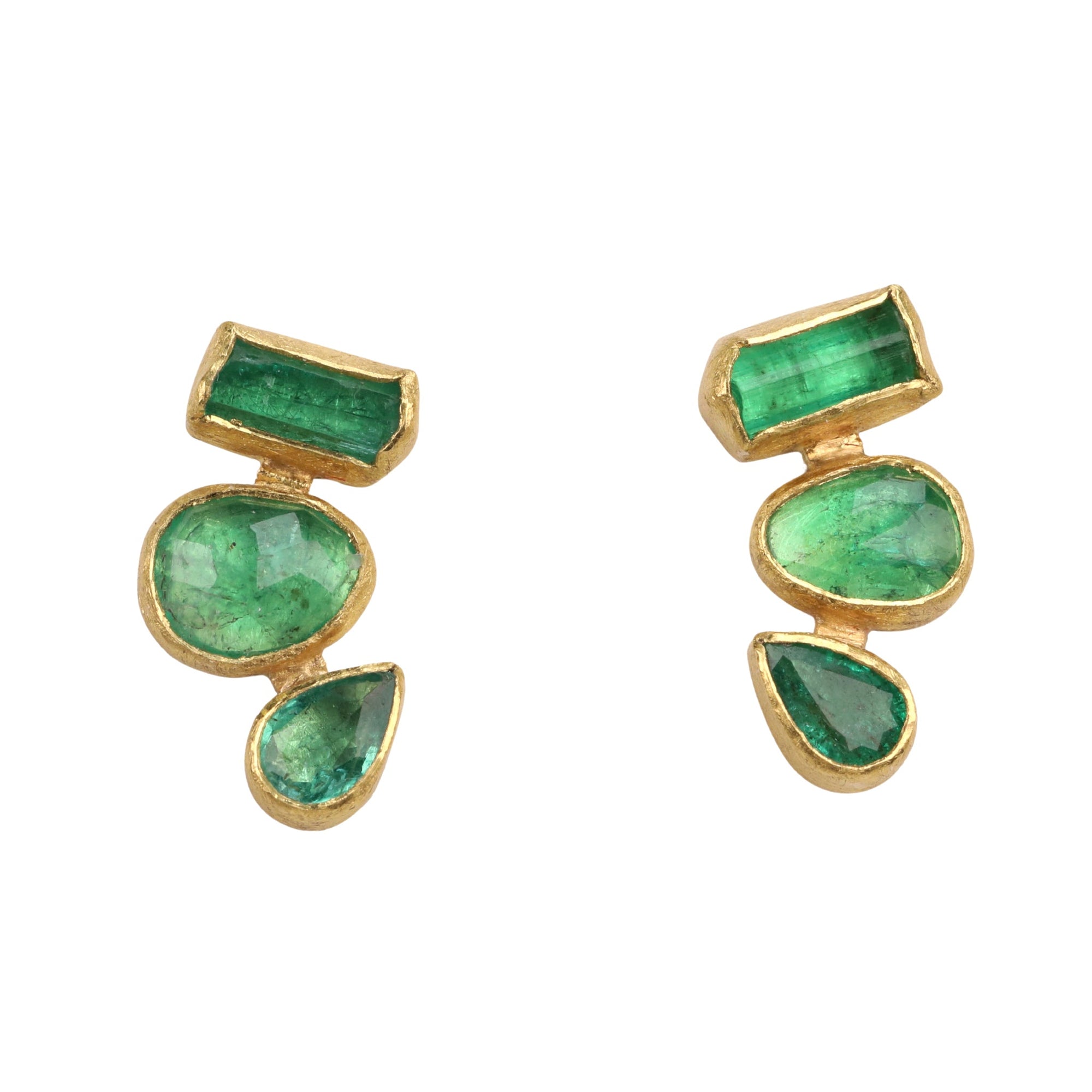 22K &amp; 18K Bezel - Set Mixed Emerald Climber Stud Earrings - Peridot Fine Jewelry - Petra Class