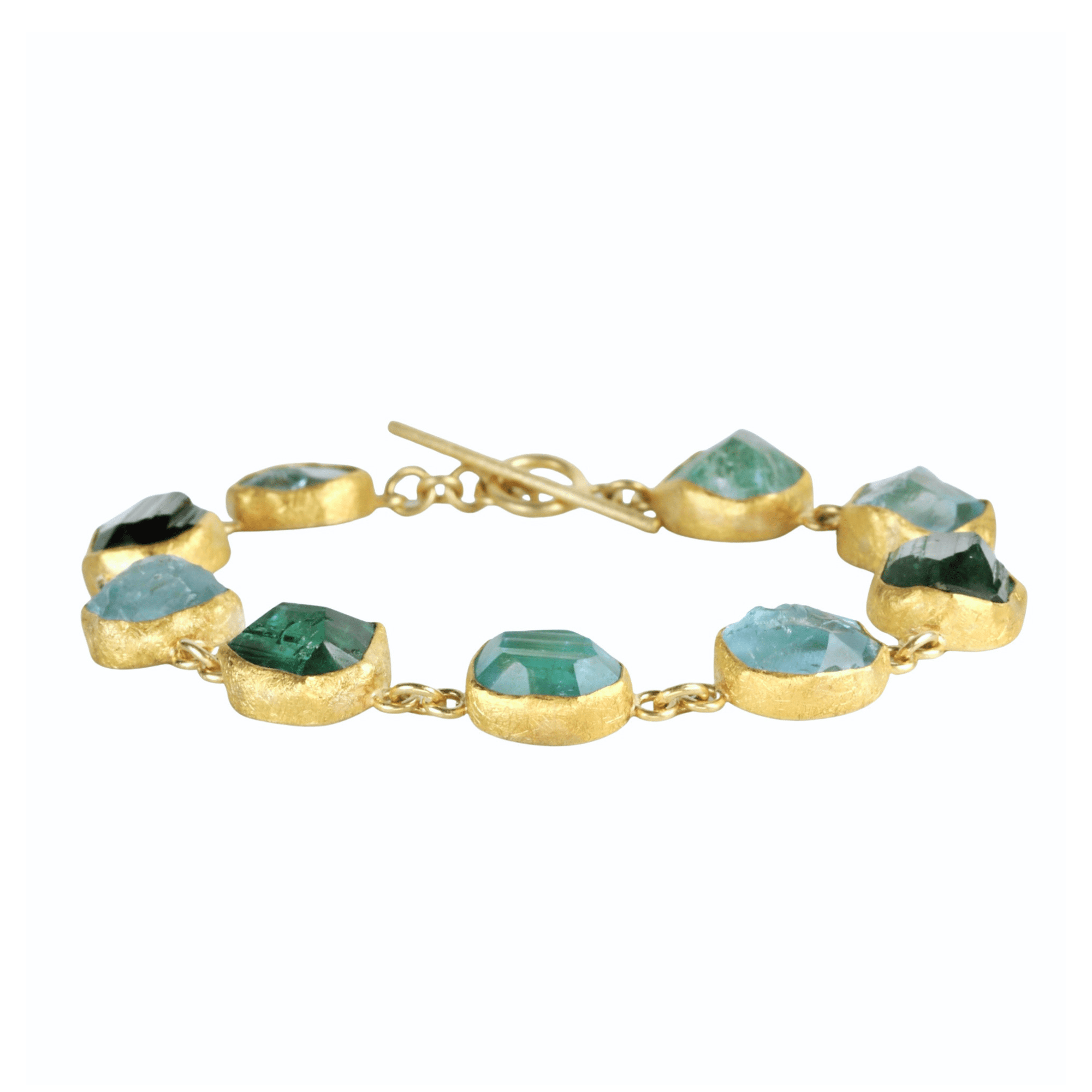 22K &amp; 18K Bezel-Set Multi Natural Rough Aquamarine &amp; Green Tourmaline Bracelet - Peridot Fine Jewelry - Petra Class