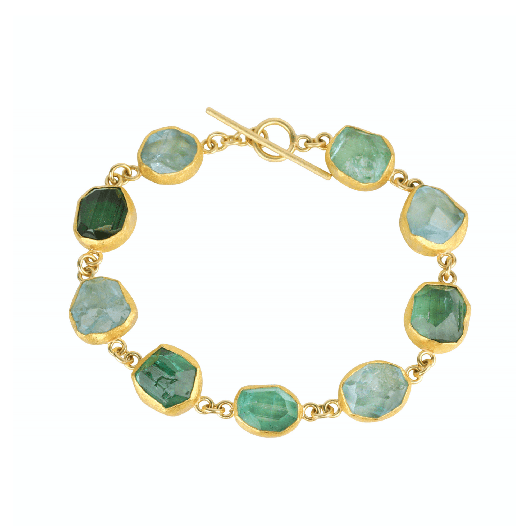 22K &amp; 18K Bezel-Set Multi Natural Rough Aquamarine &amp; Green Tourmaline Bracelet - Peridot Fine Jewelry - Petra Class