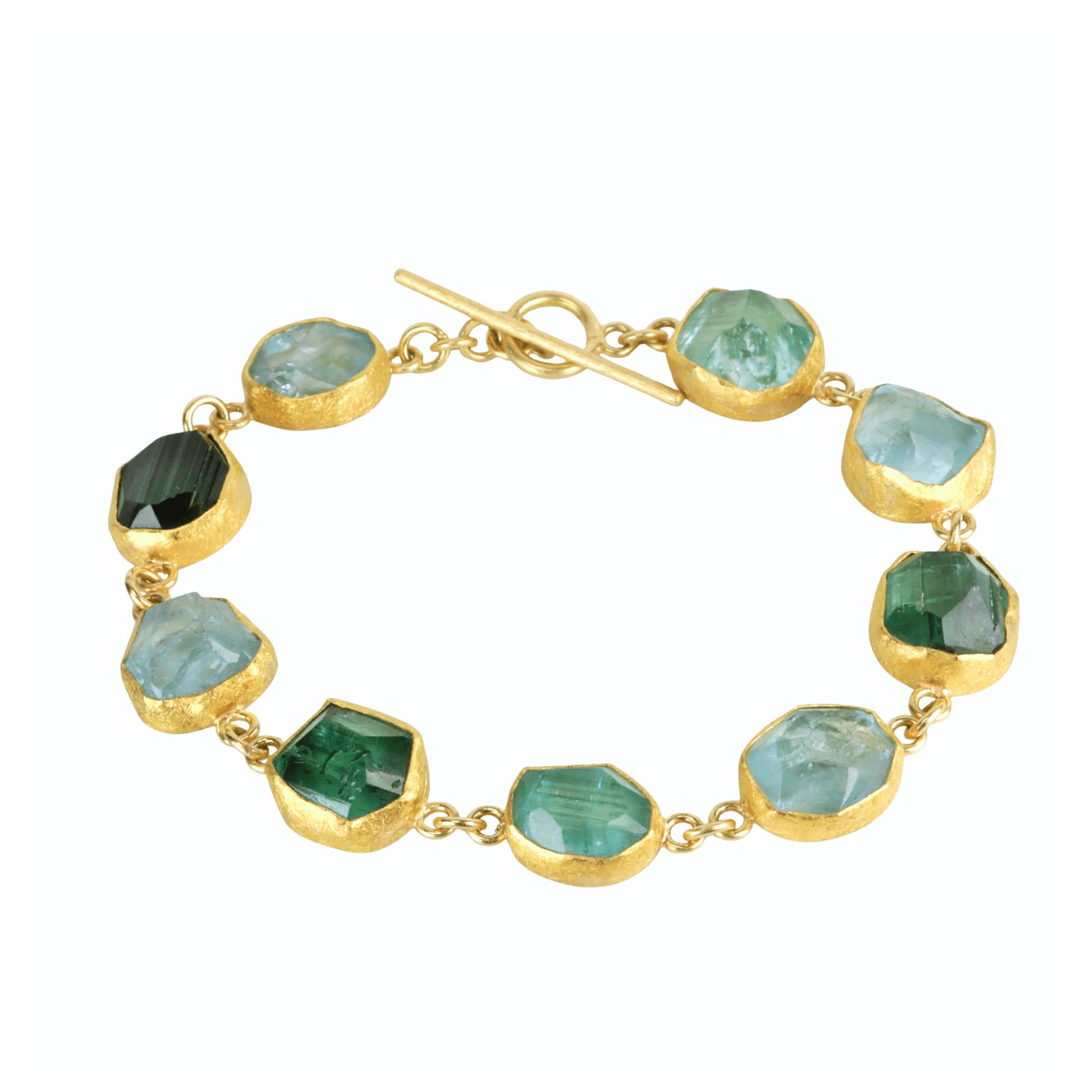 22K &amp; 18K Bezel-Set Multi Natural Rough Aquamarine &amp; Green Tourmaline Bracelet - Peridot Fine Jewelry - Petra Class