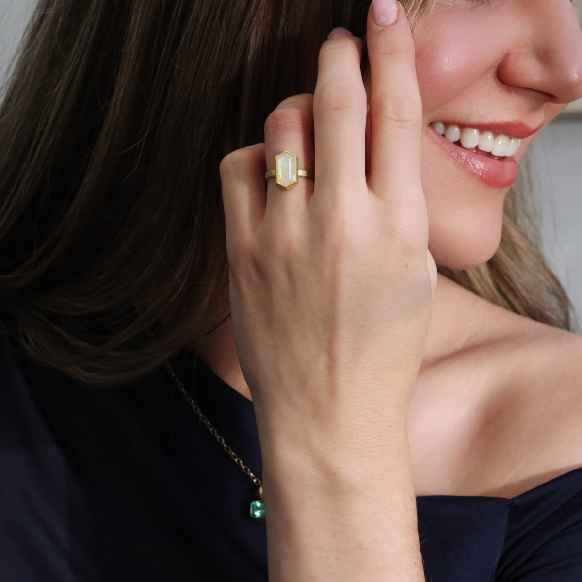 22K & 18K Bezel-Set North/South Hexagonal Faceted Ethiopian Opal Ring - Peridot Fine Jewelry - Petra Class