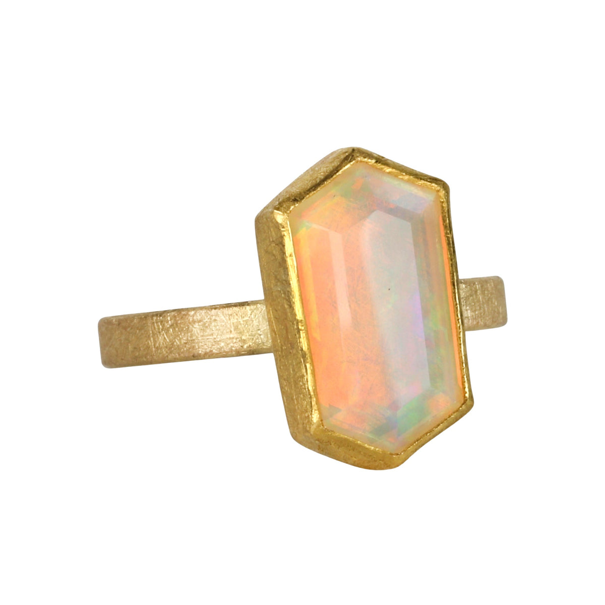 22K & 18K Bezel-Set North/South Hexagonal Faceted Ethiopian Opal Ring - Peridot Fine Jewelry - Petra Class