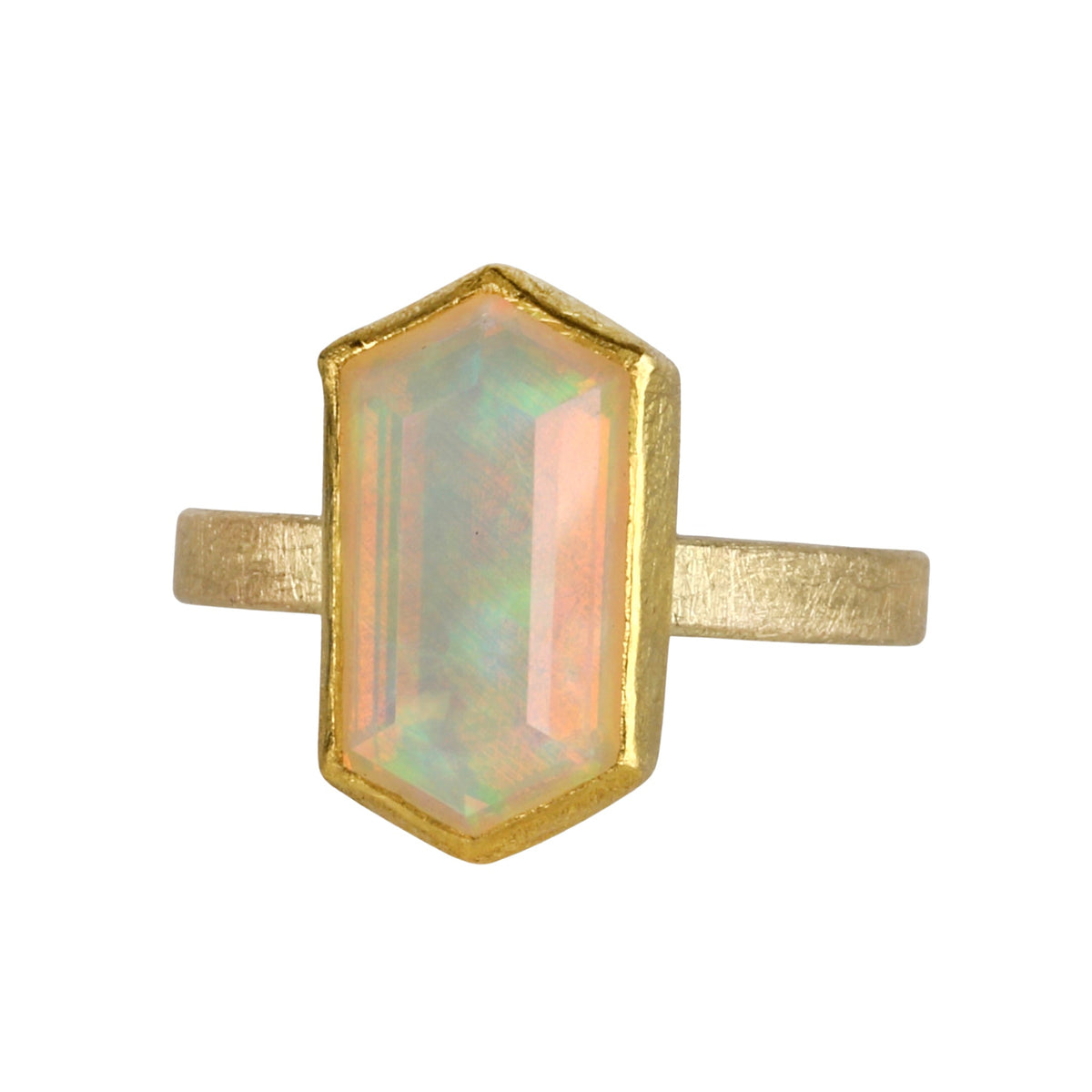 22K & 18K Bezel-Set North/South Hexagonal Faceted Ethiopian Opal Ring - Peridot Fine Jewelry - Petra Class