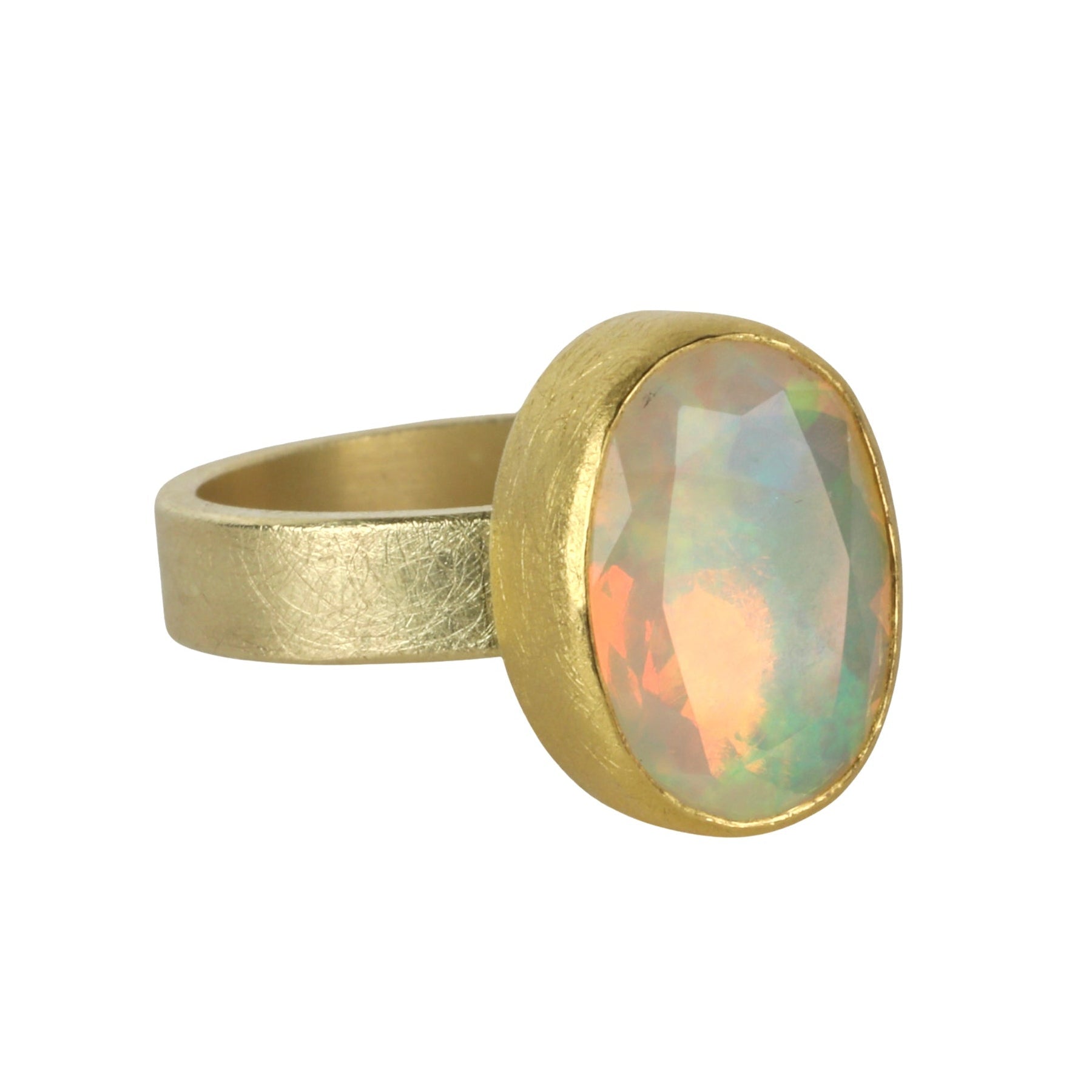 22K &amp; 18K Bezel-Set North/South Oval Faceted Ethiopian Opal Ring - Peridot Fine Jewelry - Petra Class