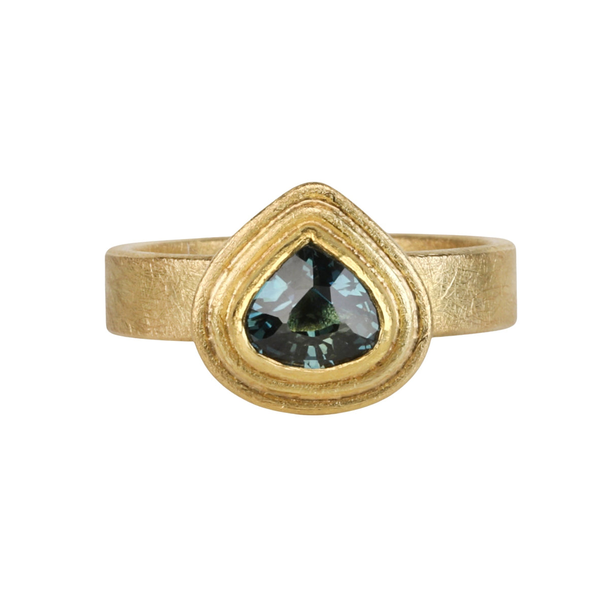 22K & 18K Double Frame Bezel-Set Teardrop Sri Lankan Blue Sapphire Ring - Peridot Fine Jewelry - Petra Class