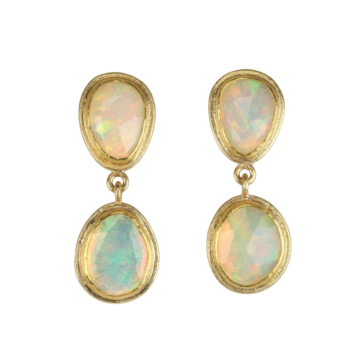22K & 18K Frame Bezel-Set Organic Ethiopian Opal Double Drop Earrings - Peridot Fine Jewelry - Petra Class
