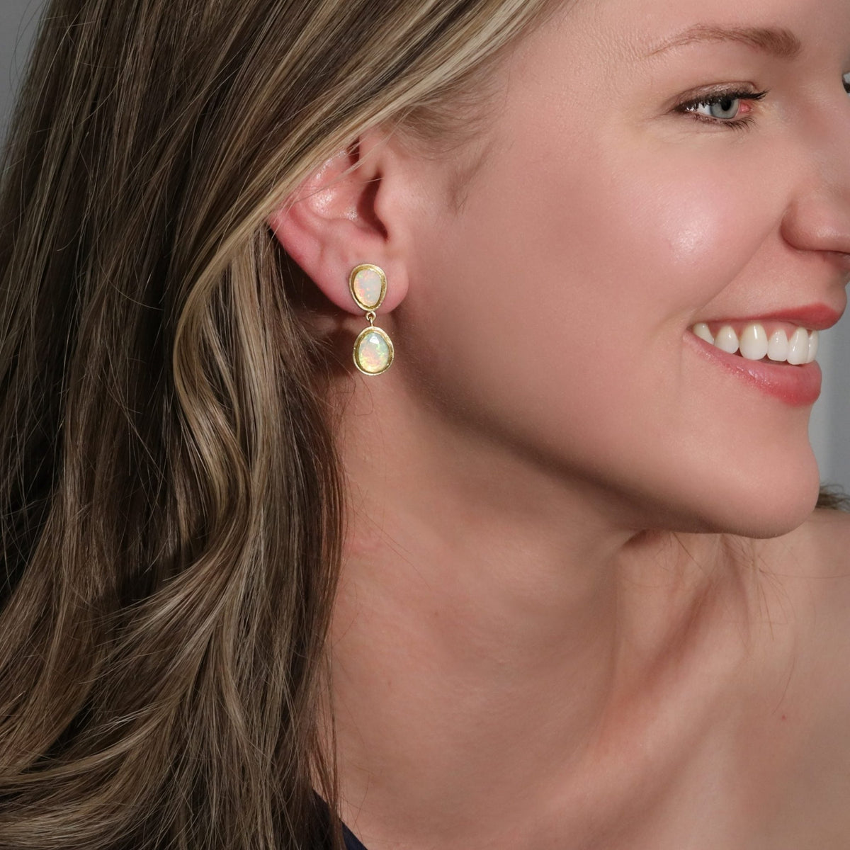 22K & 18K Frame Bezel-Set Organic Ethiopian Opal Double Drop Earrings - Peridot Fine Jewelry - Petra Class
