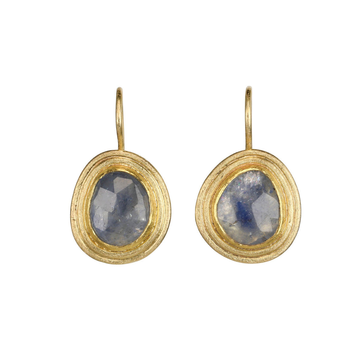 22K & 18K Frame Bezel-Set Organic Rosecut Blue Sapphire Fixed Drop Earrings - Peridot Fine Jewelry - Petra Class
