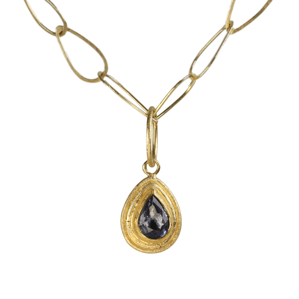 22K & 18K Frame Bezel-Set Teardrop Sri Lankan Blue Sapphire Pendant - Peridot Fine Jewelry - Petra Class