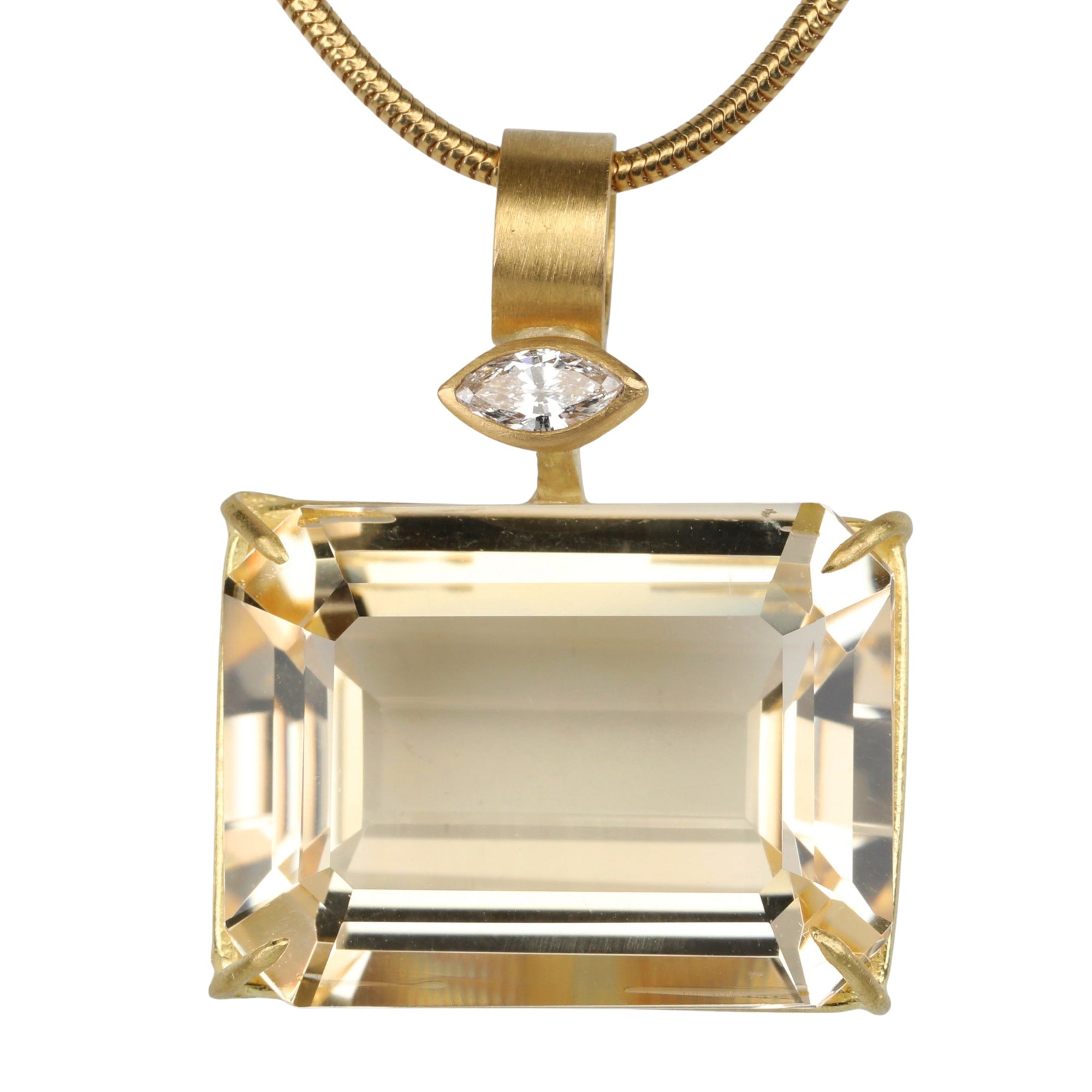 22K &amp; 18K Gold and Emerald - Cut Citrine Pendant with Marquise Diamond Bale Detail - Peridot Fine Jewelry - Rosanne Pugliese