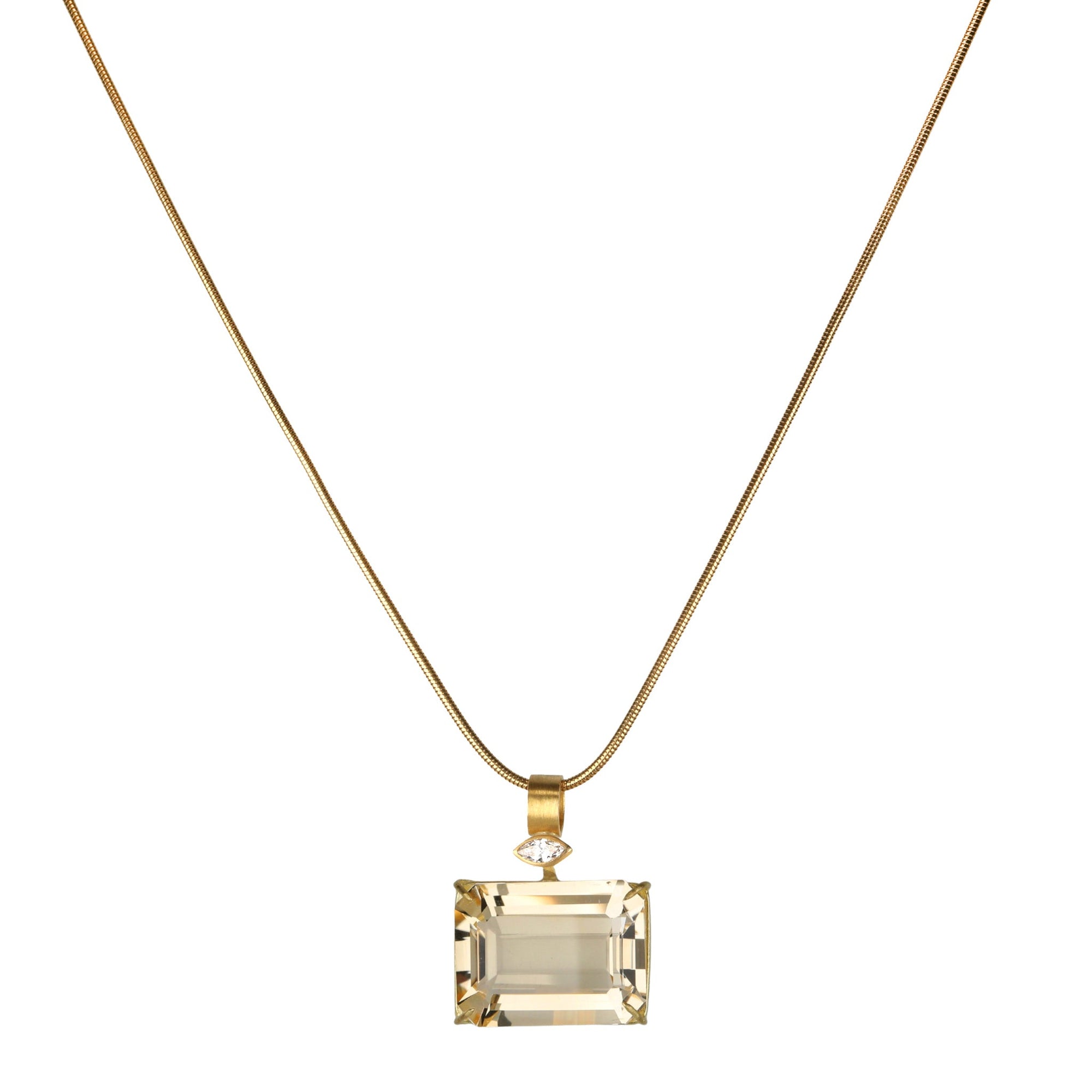 22K &amp; 18K Gold and Emerald - Cut Citrine Pendant with Marquise Diamond Bale Detail - Peridot Fine Jewelry - Rosanne Pugliese