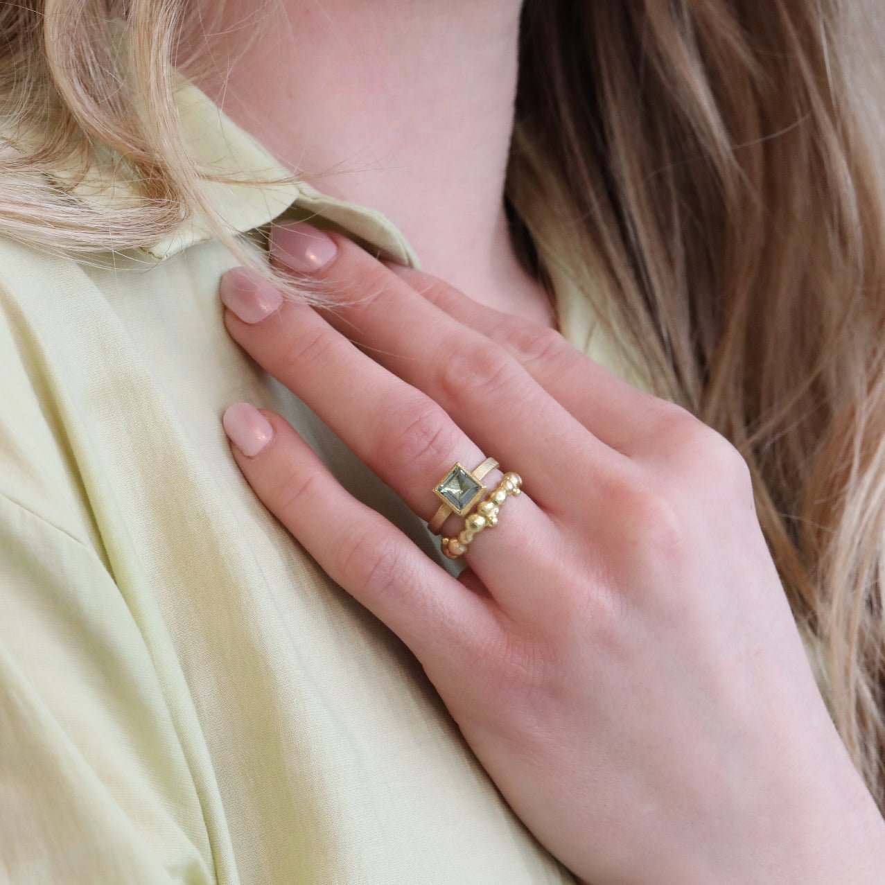 22K &amp; 18K Gold Bezel - Set Faceted Square Aquamarine Ring - Peridot Fine Jewelry - Petra Class