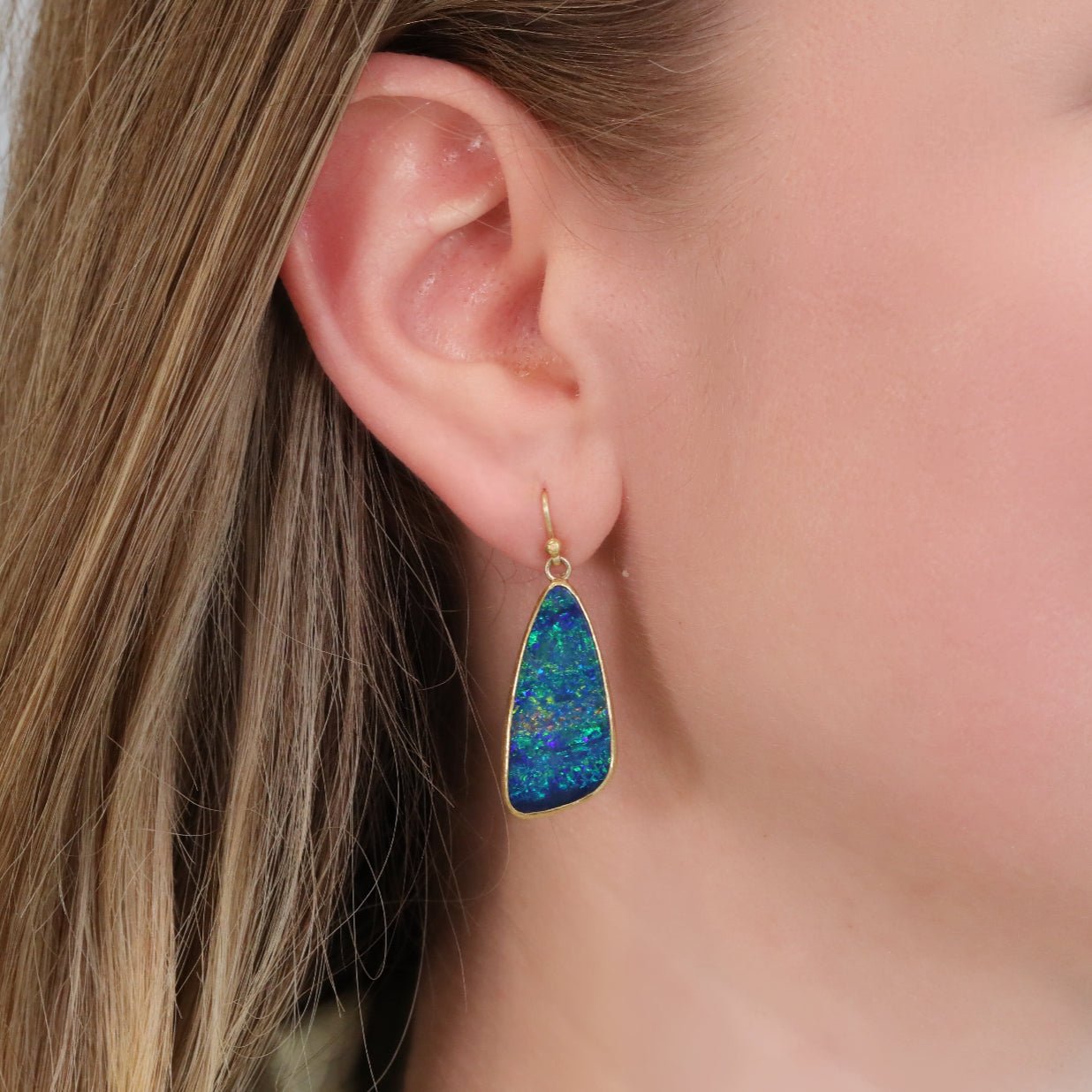 22K &amp; 18K Gold Bezel - Set Large Austrailan Opal Doublet Earrings - Peridot Fine Jewelry - Petra Class