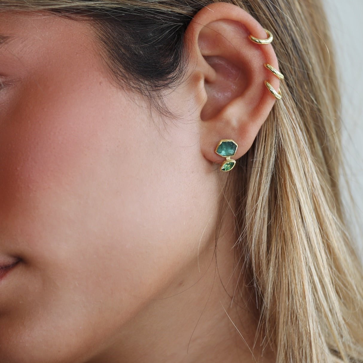22K &amp; 18K Gold Bezel - Set Marquise and Polygon Shaped Faceted Green Tourmaline Double Drop Stud Earrings - Peridot Fine Jewelry - Petra Class