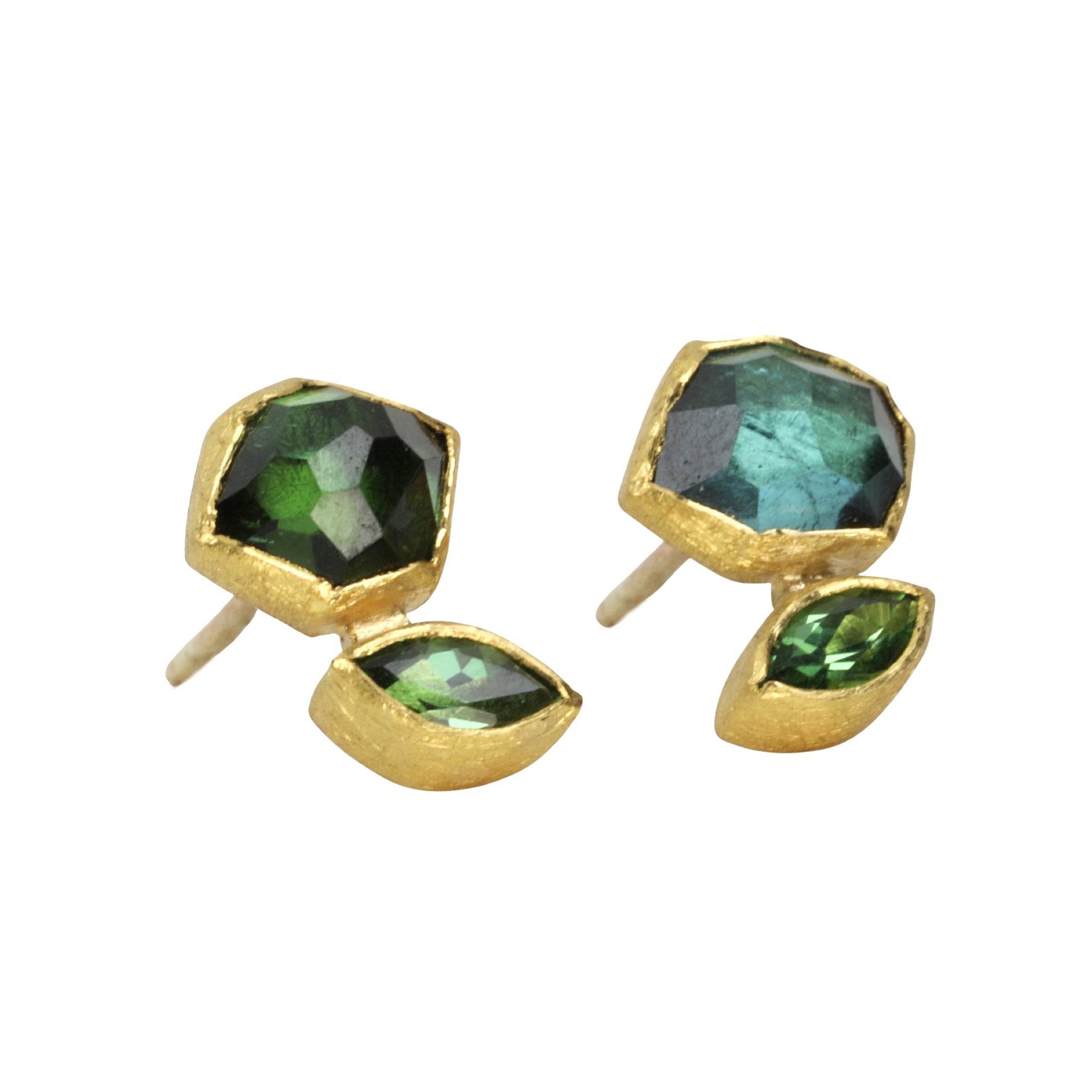 22K &amp; 18K Gold Bezel - Set Marquise and Polygon Shaped Faceted Green Tourmaline Double Drop Stud Earrings - Peridot Fine Jewelry - Petra Class
