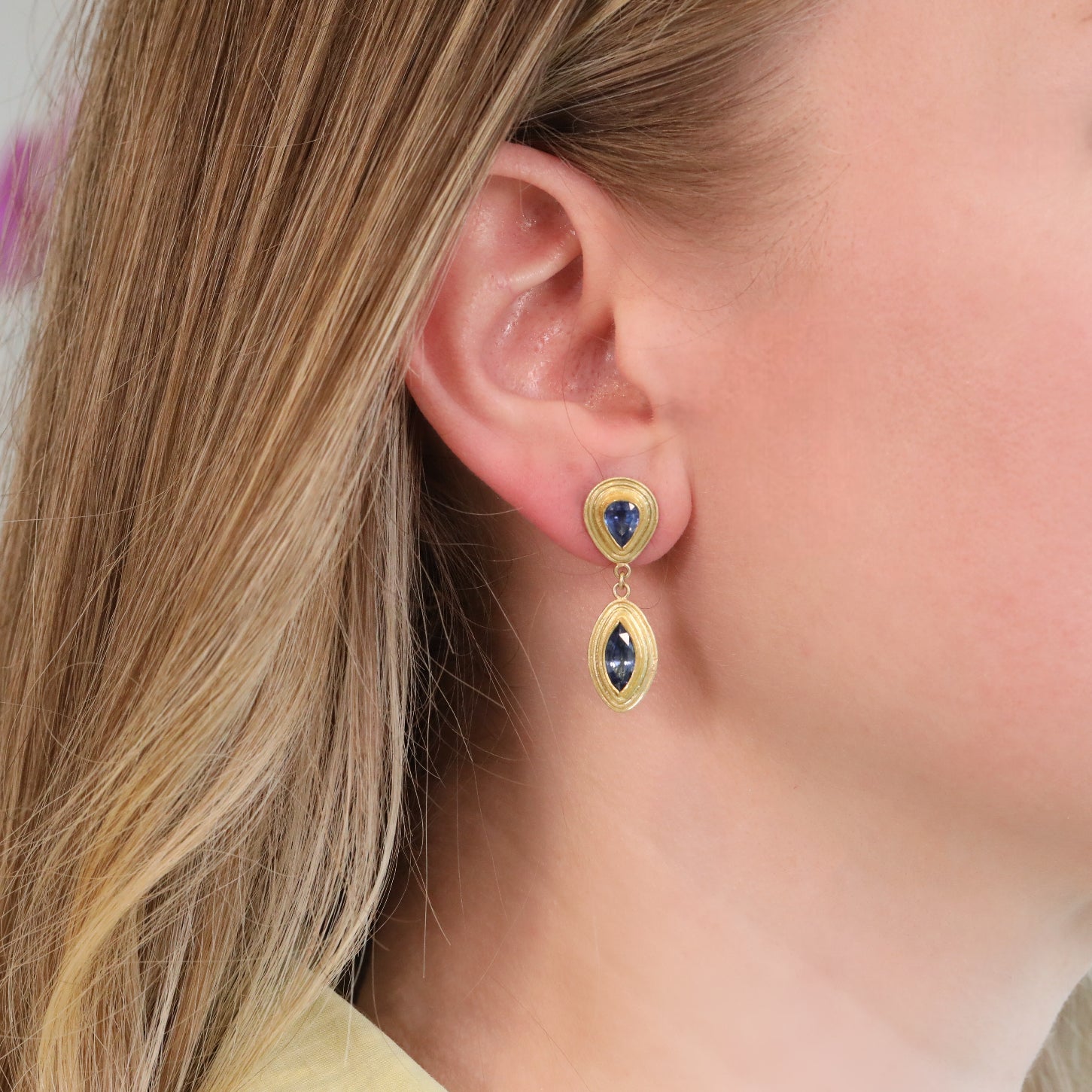 22K &amp; 18K Gold Bezel - Set Sri Lankan Blue Sapphire Double Drop Earrings - Peridot Fine Jewelry - Petra Class