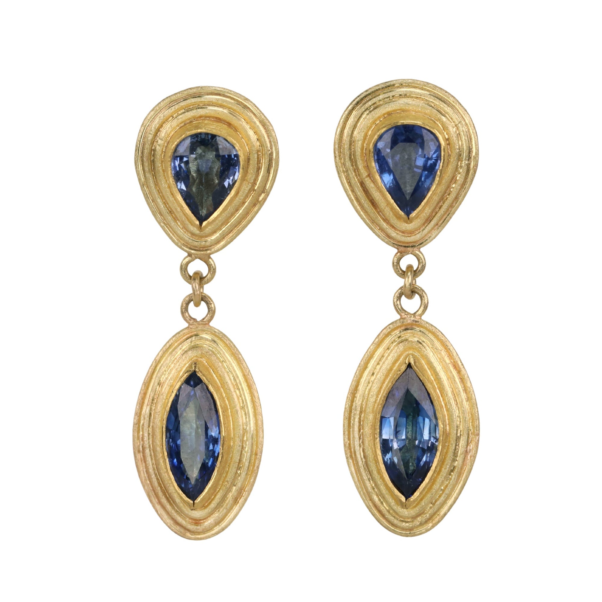 22K &amp; 18K Gold Bezel - Set Sri Lankan Blue Sapphire Double Drop Earrings - Peridot Fine Jewelry - Petra Class