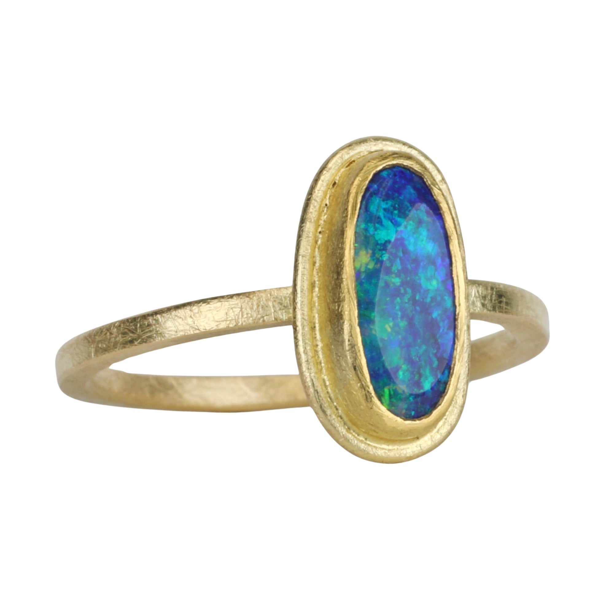 22K &amp; 18K Gold &quot;Frame&quot; Bezel - Set Narrow Australian Opal Ring - Peridot Fine Jewelry - Petra Class