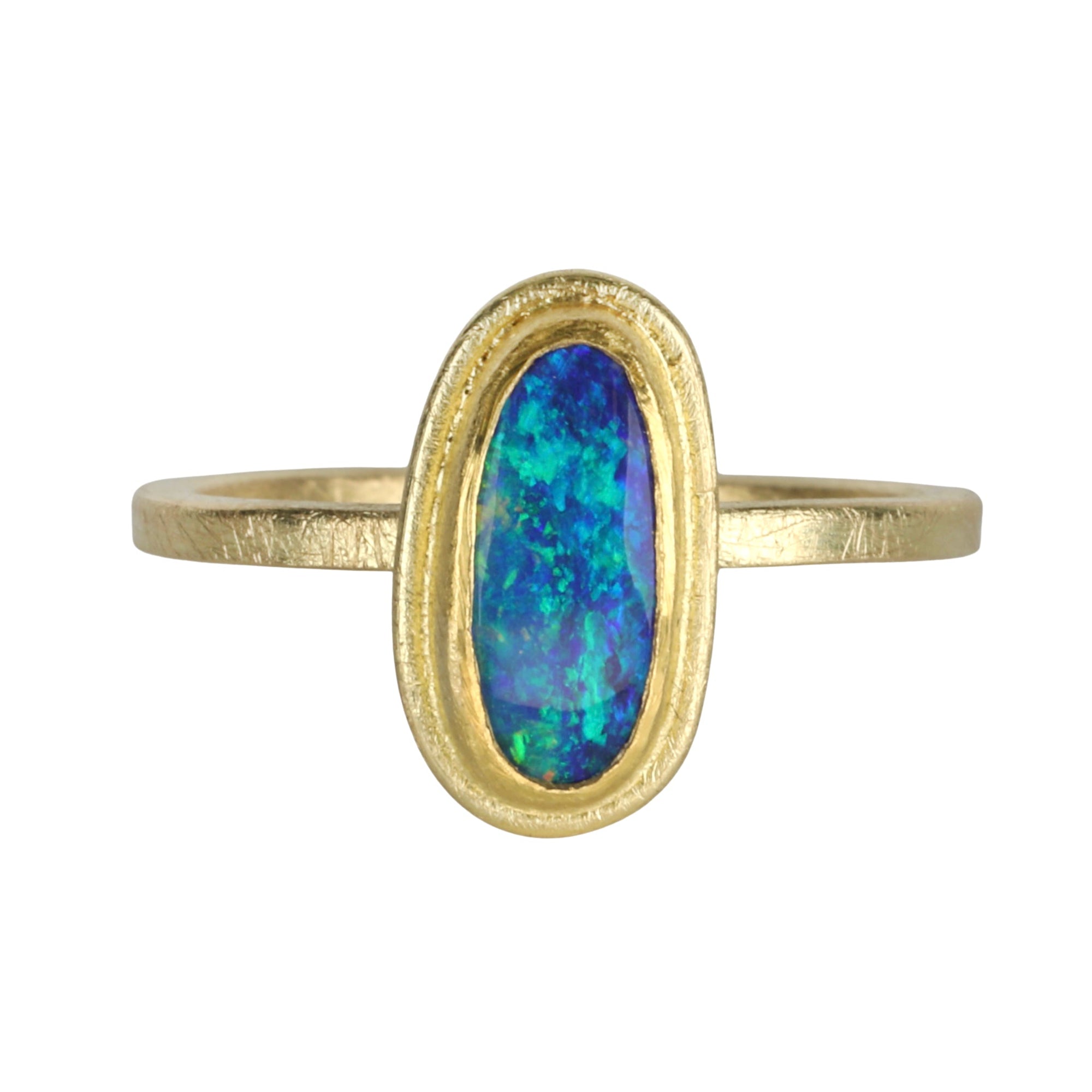 22K &amp; 18K Gold &quot;Frame&quot; Bezel - Set Narrow Australian Opal Ring - Peridot Fine Jewelry - Petra Class