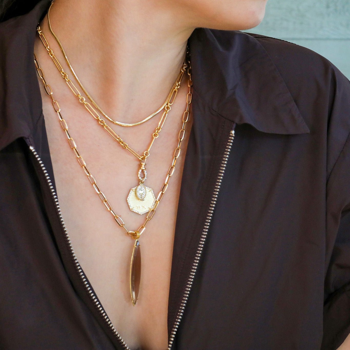 22K &amp; 18K Gold Large &quot;Navette&quot; Marquise Shaped Smoky Quartz Pendant - Peridot Fine Jewelry - Rosanne Pugliese