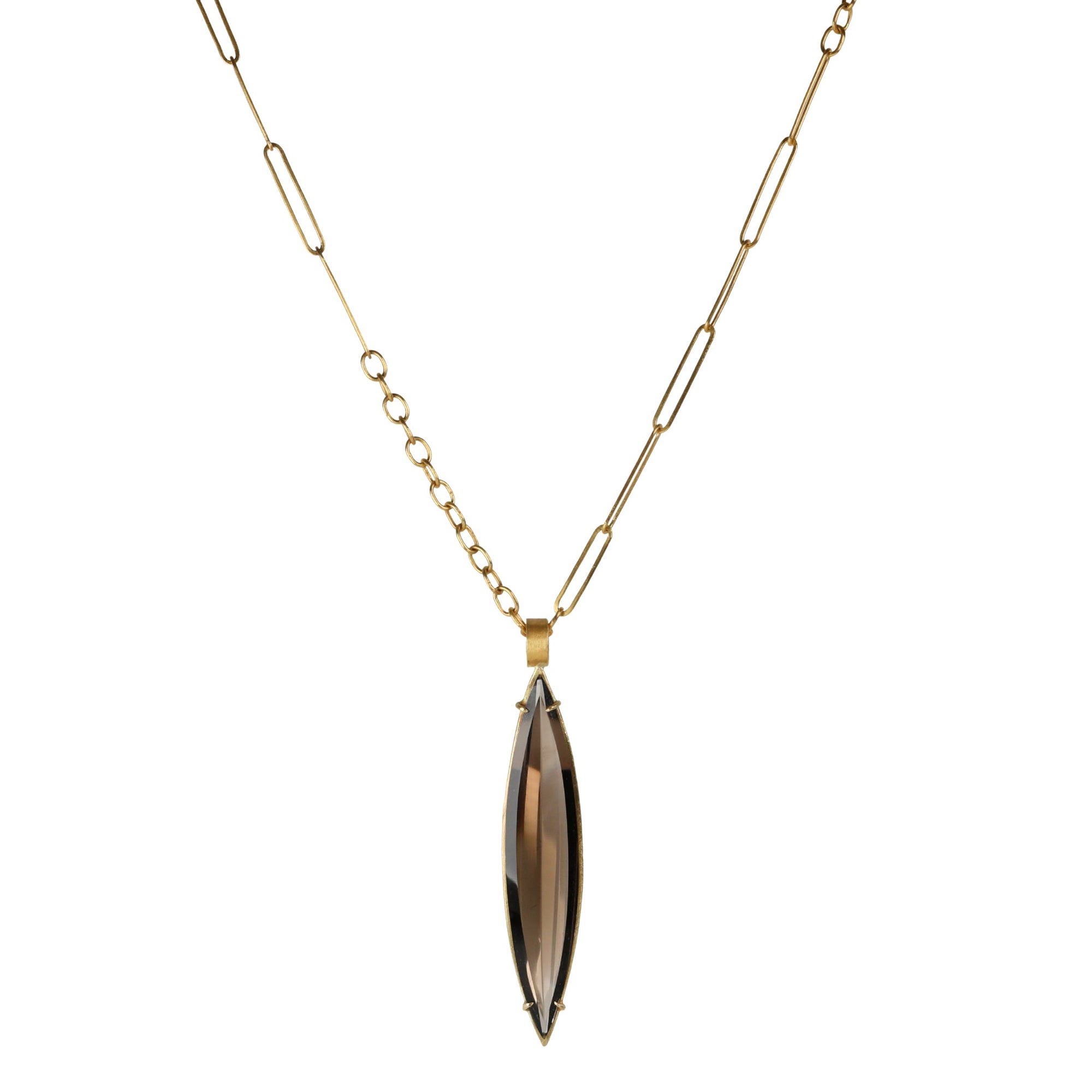 22K & 18K Gold Large "Navette" Marquise Shaped Smoky Quartz Pendant - Peridot Fine Jewelry - Rosanne Pugliese