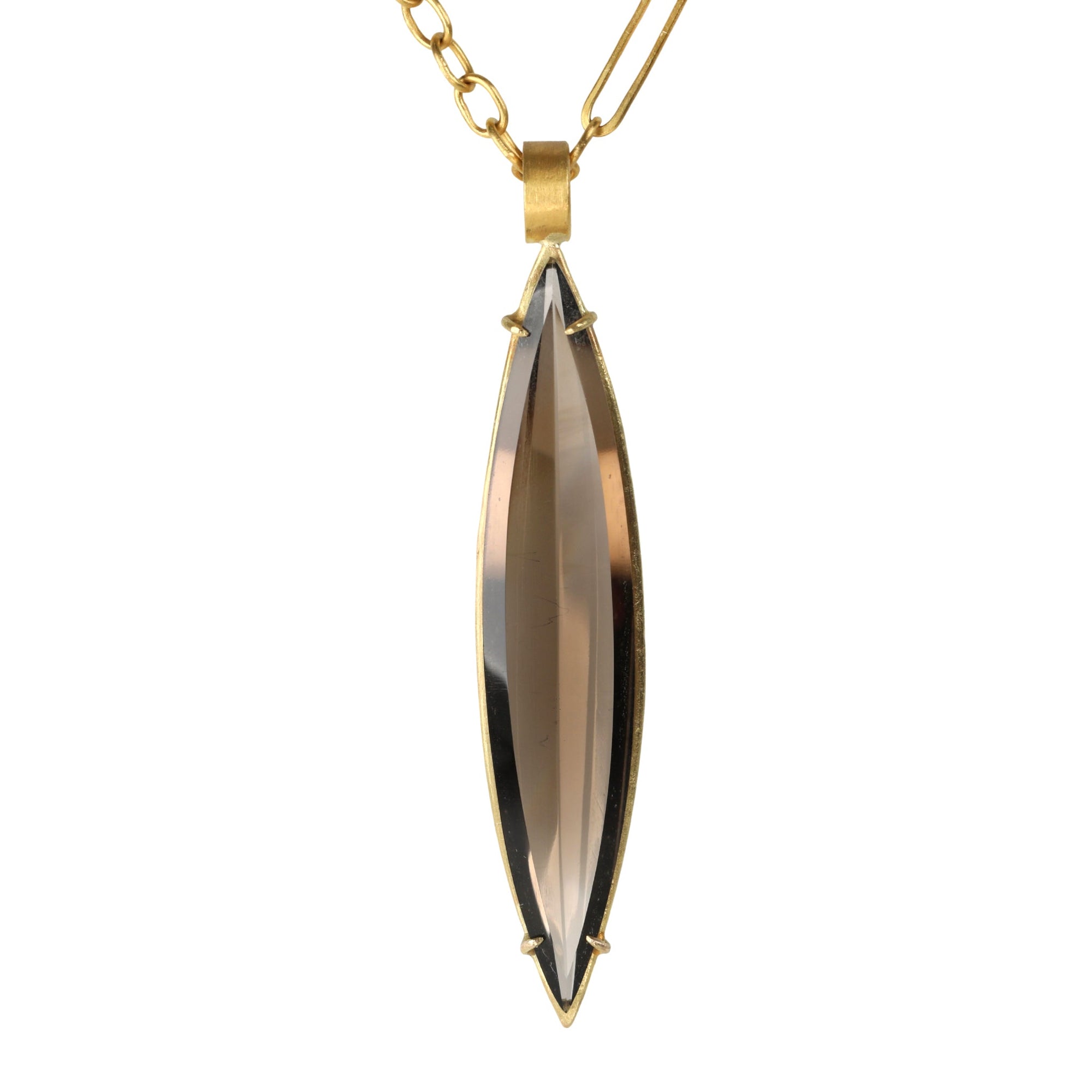 22K & 18K Gold Large "Navette" Marquise Shaped Smoky Quartz Pendant - Peridot Fine Jewelry - Rosanne Pugliese