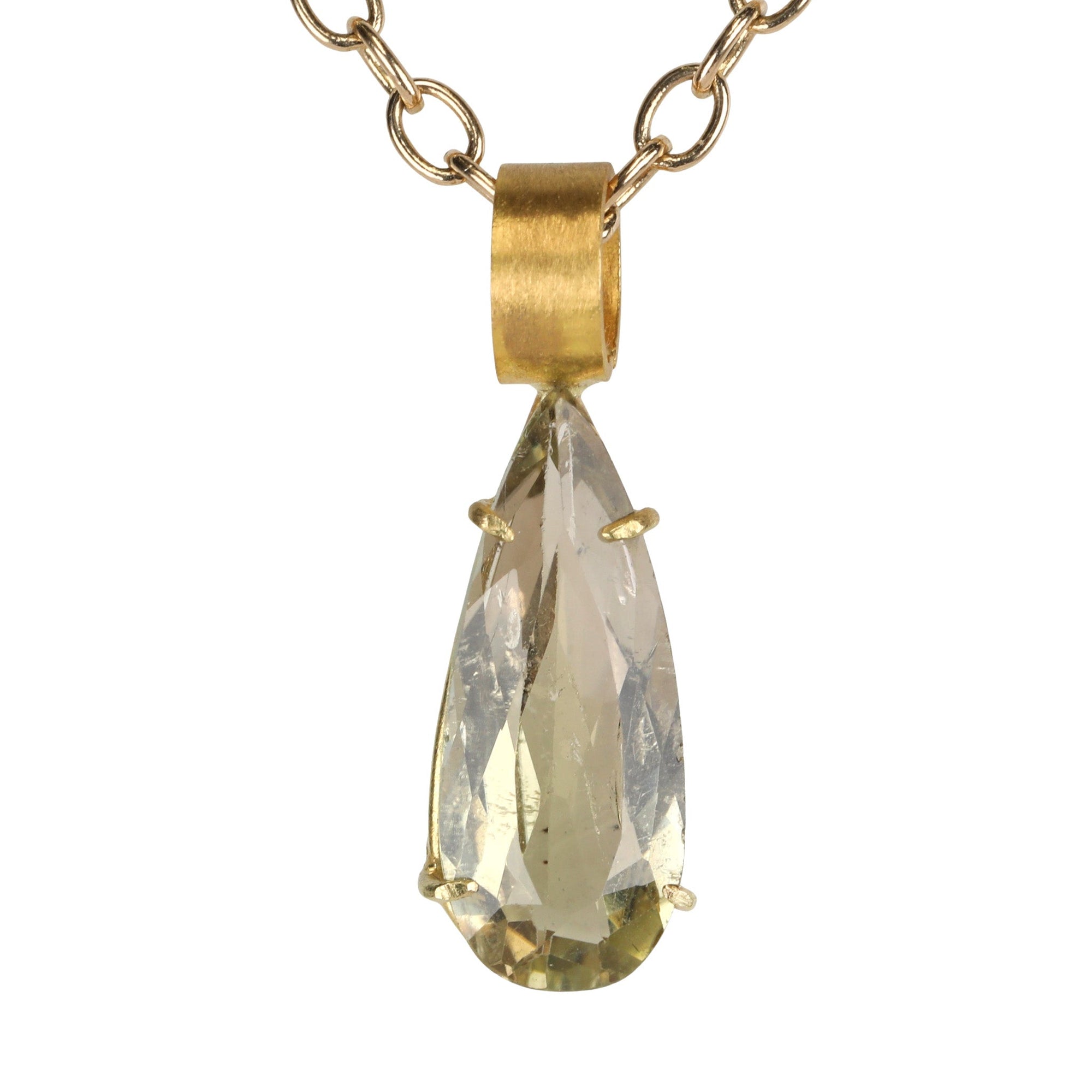 22K & 18K Grey - Green Faceted Teardrop Tourmaline Pendant - Peridot Fine Jewelry - Rosanne Pugliese