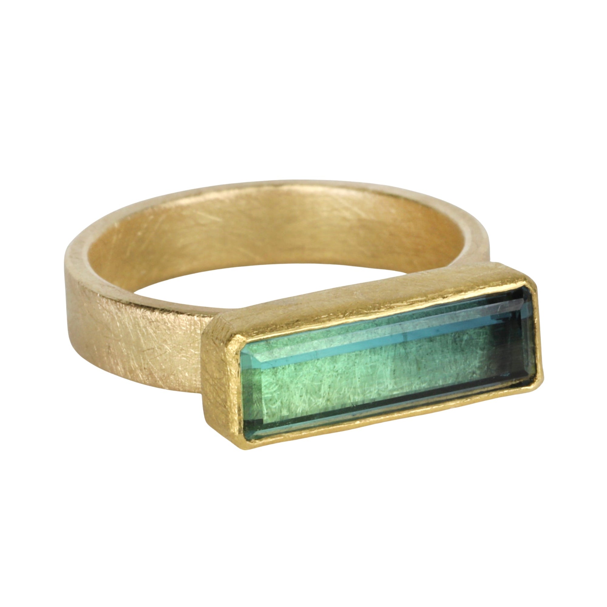22K &amp; 18K Horizontal Long Rectangular Green Tourmaline Ring - Peridot Fine Jewelry - Petra Class