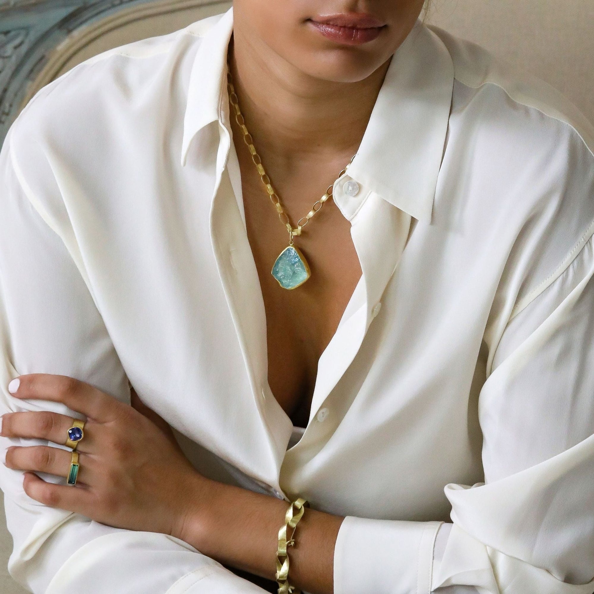 22K &amp; 18K Large Natural Rough Irregular Shaped Aquamarine Pendant - Peridot Fine Jewelry - Petra Class