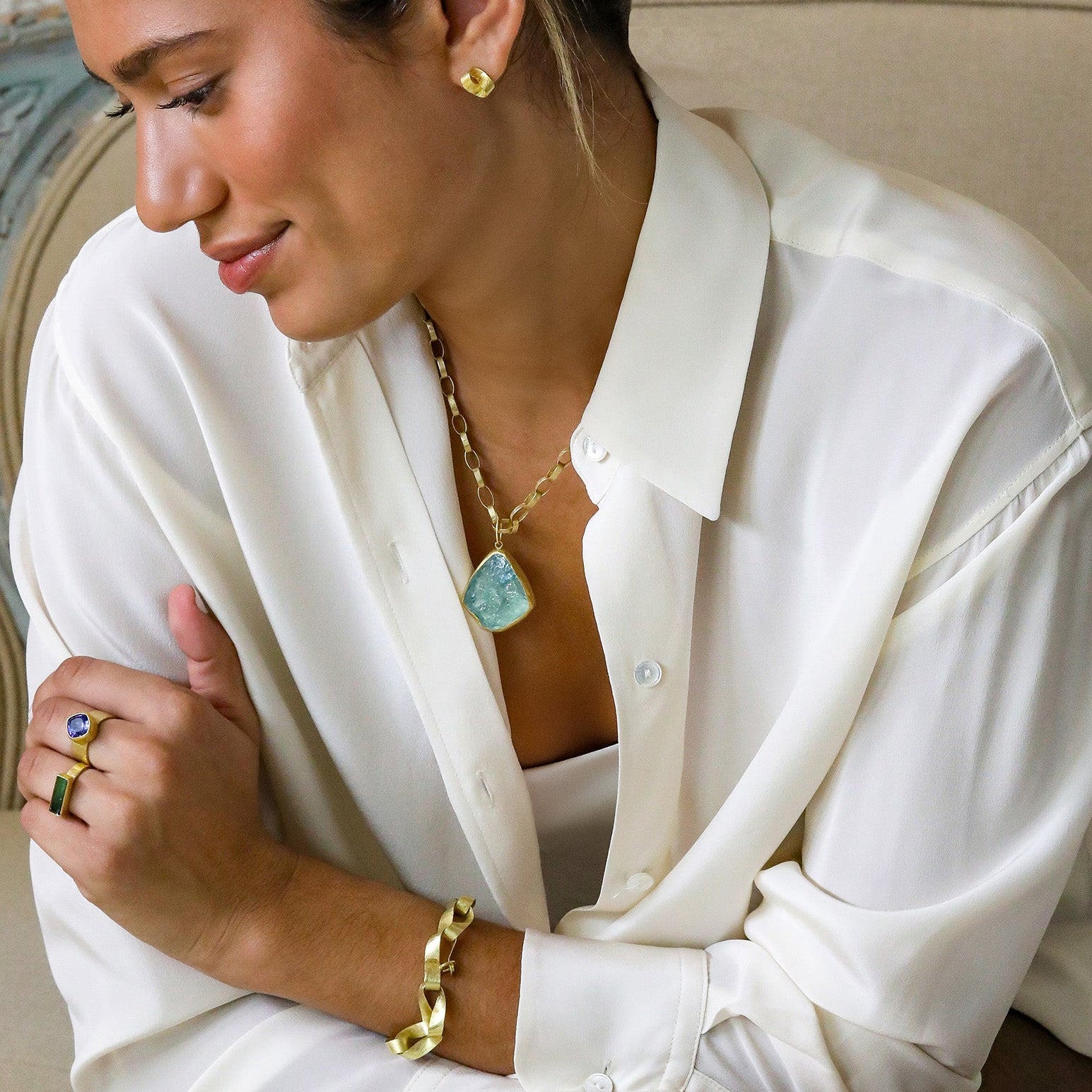 22K & 18K Large Natural Rough Irregular Shaped Aquamarine Pendant - Peridot Fine Jewelry - Petra Class