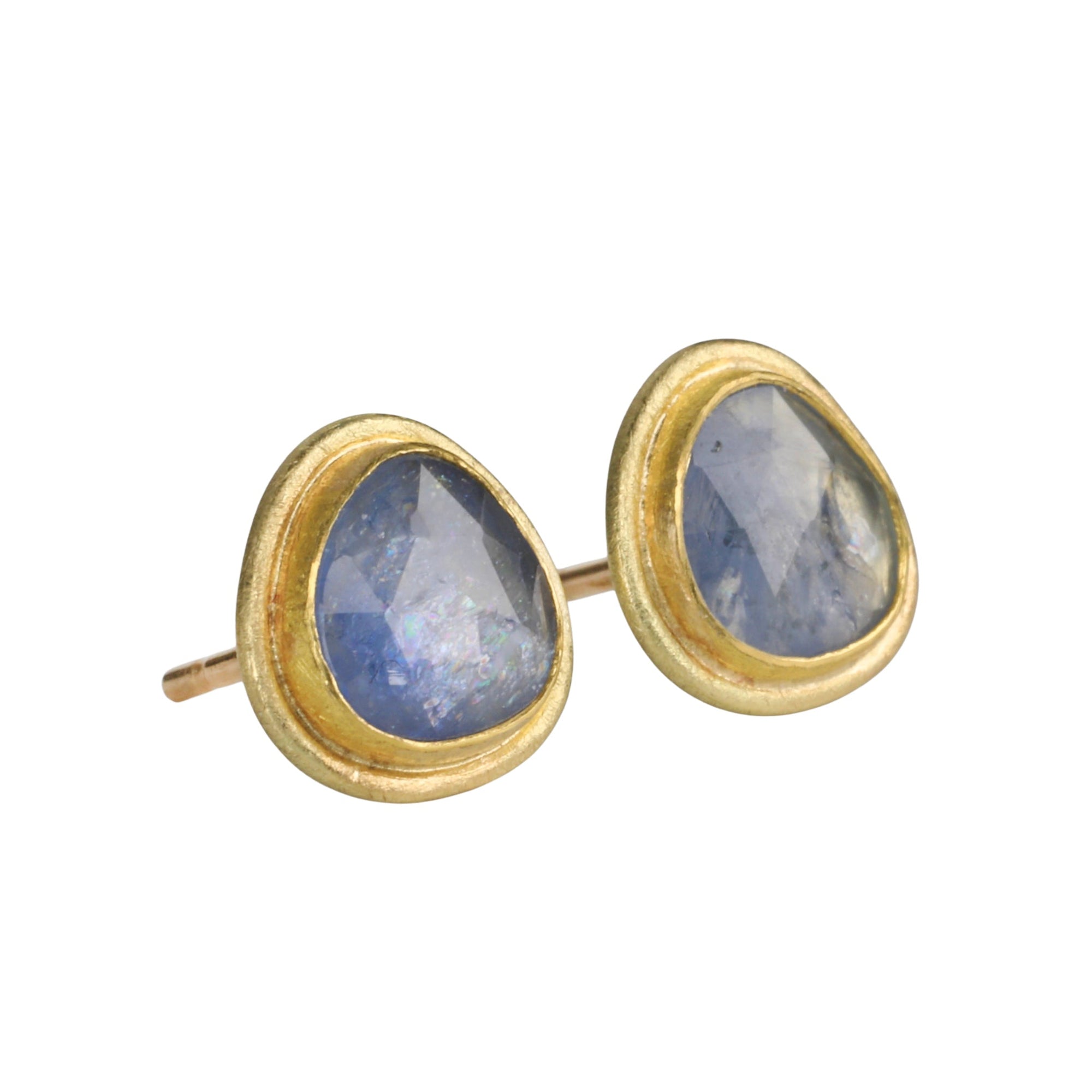 22K & 18K Organic Rosecut Blue Sapphire Stud Earrings - Peridot Fine Jewelry - Petra Class