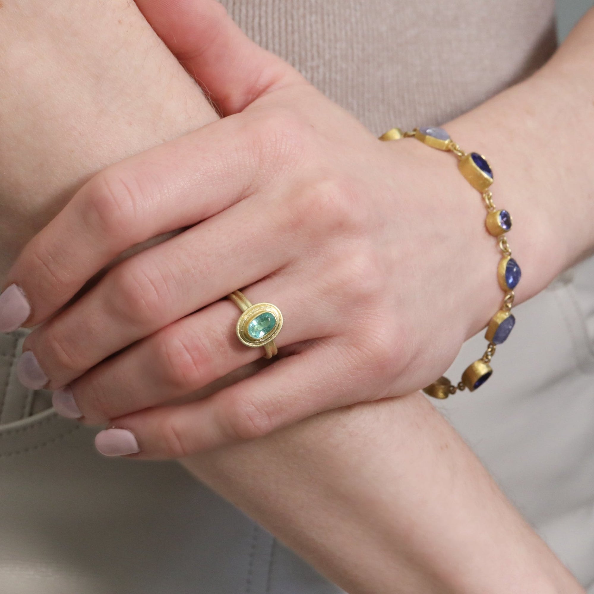 22K &amp; 18K Oval Mozambique Paraiba Tourmaline Ring on Triple Frame Bezel - Peridot Fine Jewelry - Petra Class