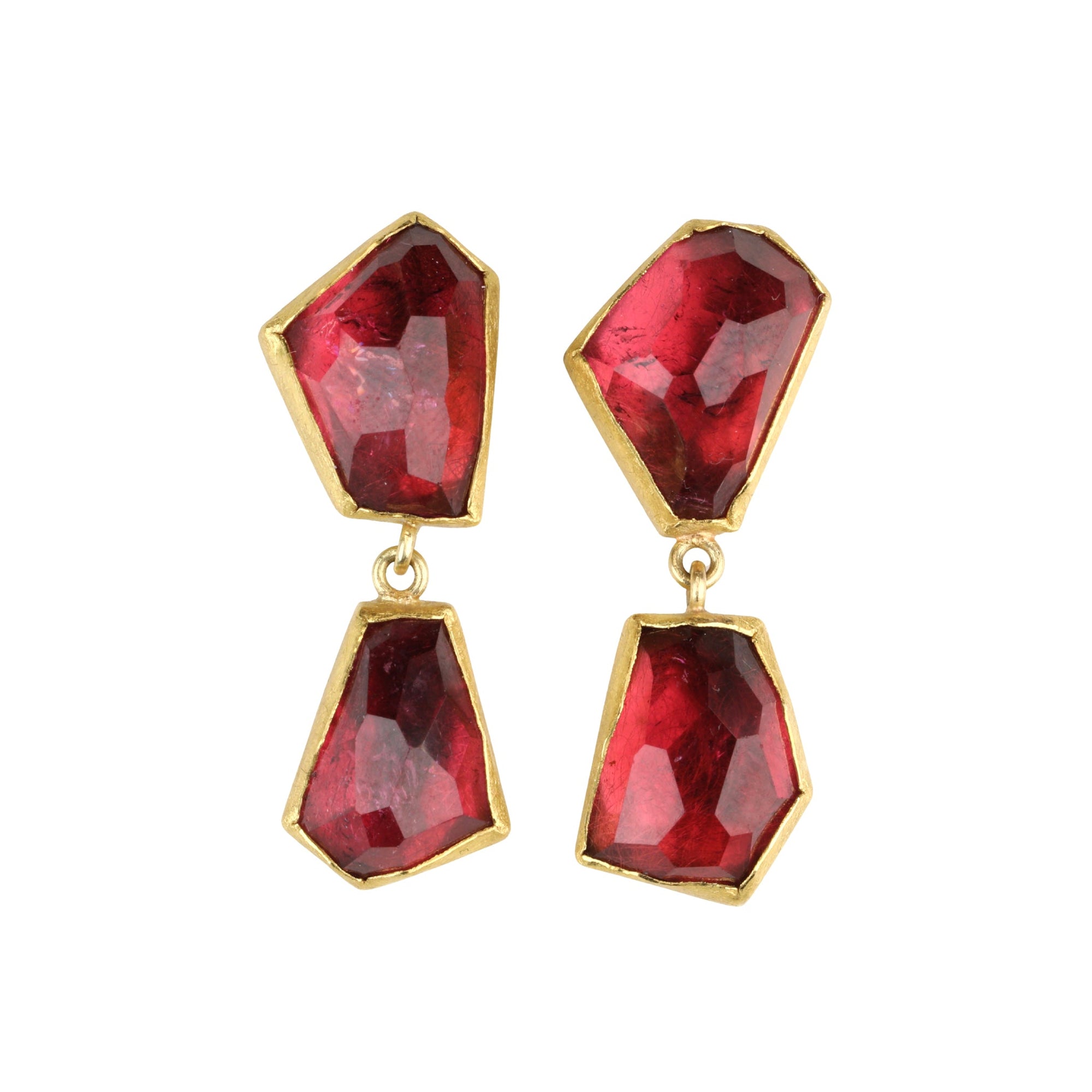 22K &amp; 18K Polygonal Rosecut Red Tourmaline Double Drop Earrings - Peridot Fine Jewelry - Petra Class