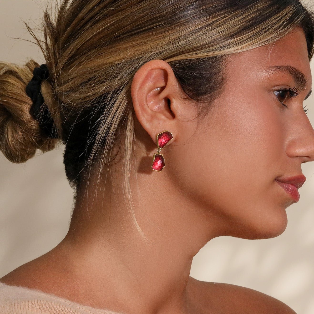 22K & 18K Polygonal Rosecut Red Tourmaline Double Drop Earrings - Peridot Fine Jewelry - Petra Class
