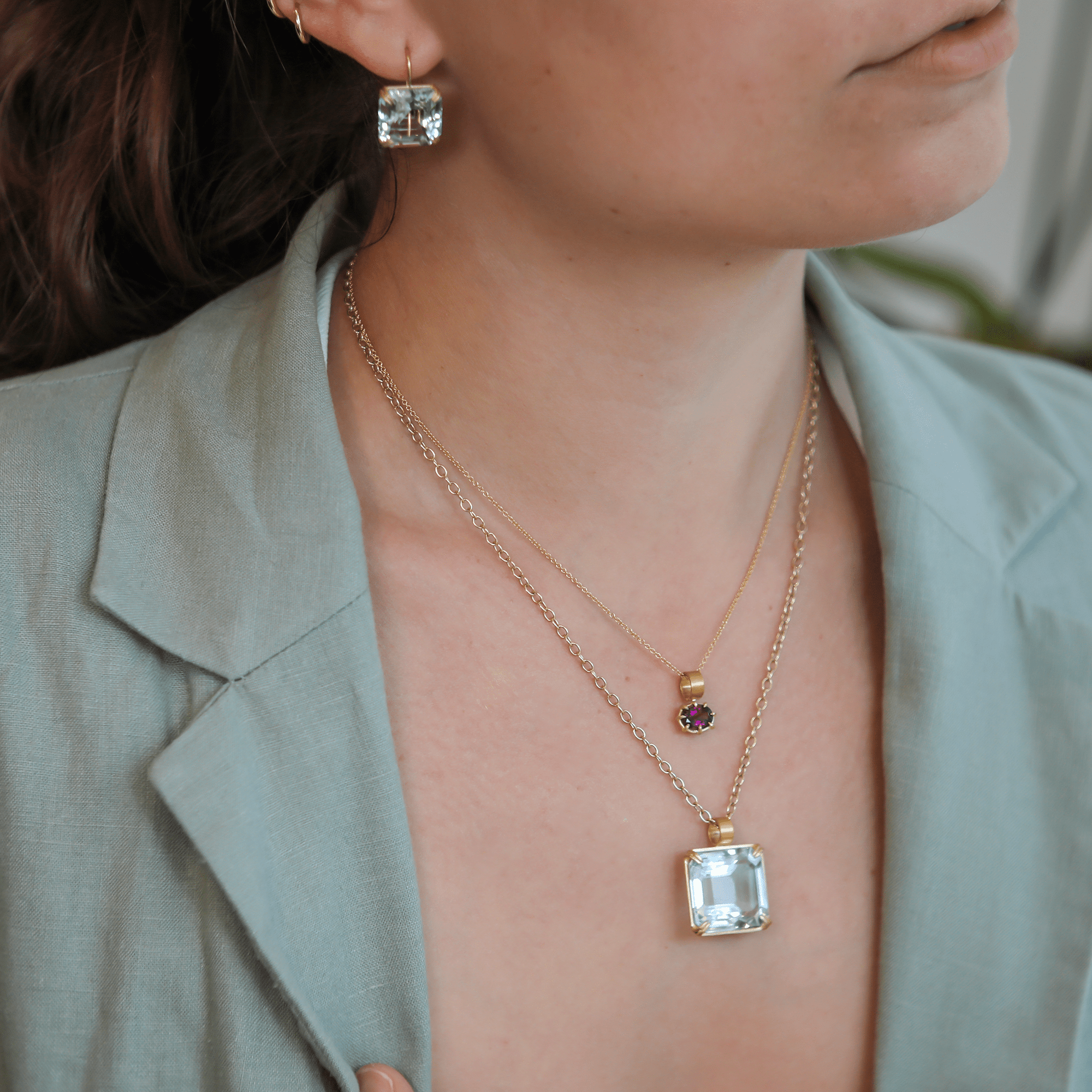 22K &amp; 18K Prong - Set Assher Cut Pale Blue Topaz Pendant - Peridot Fine Jewelry - Rosanne Pugliese